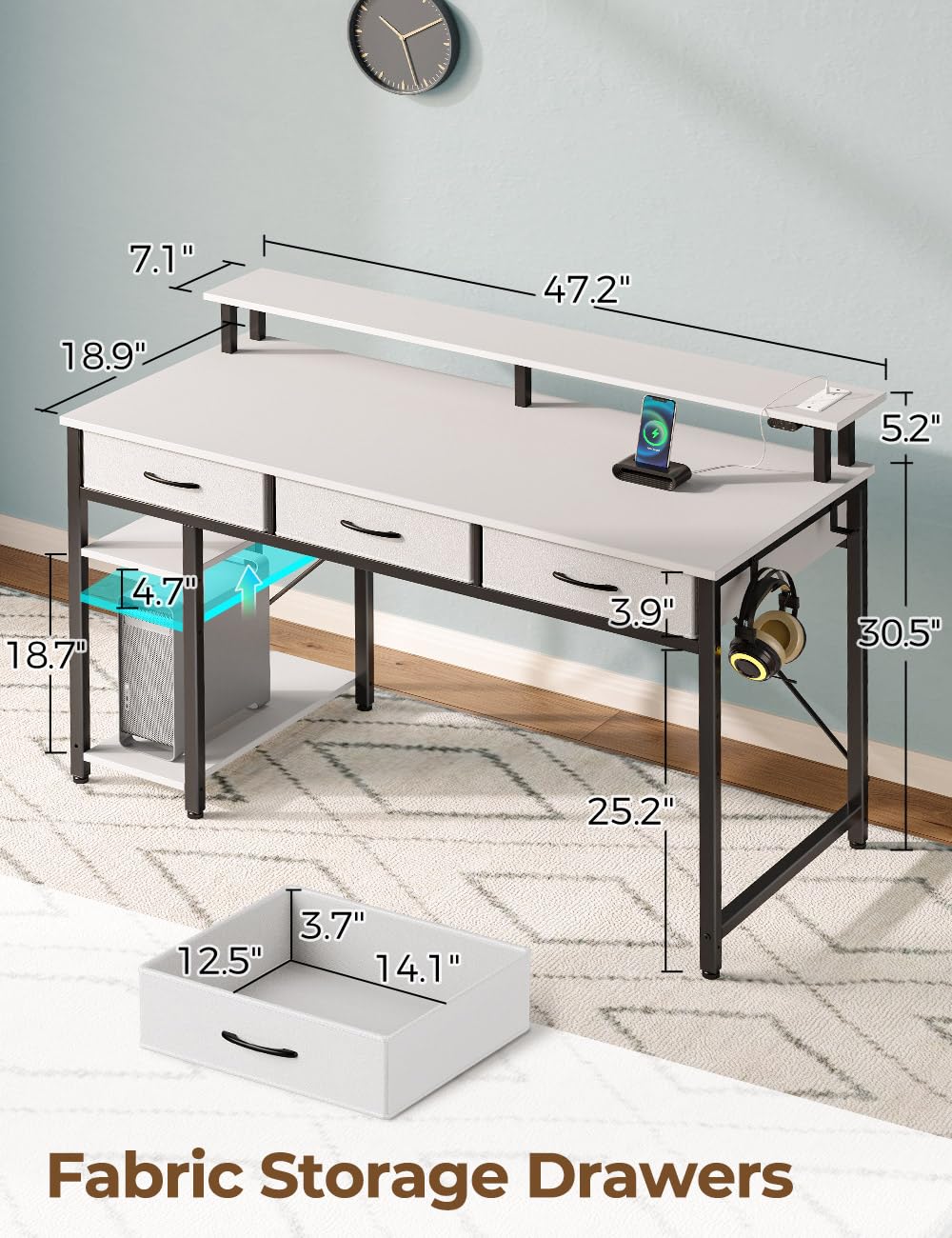 Rolanstar 47 Inch Modern Computer Desk with Power Outlets, USB Ports & LED Light - Home Office Desk with Drawers, Storage Shelves & Monitor Stand - Ergonomic Writing Workstation for Small Spaces, Gaming & Remote Work (White)