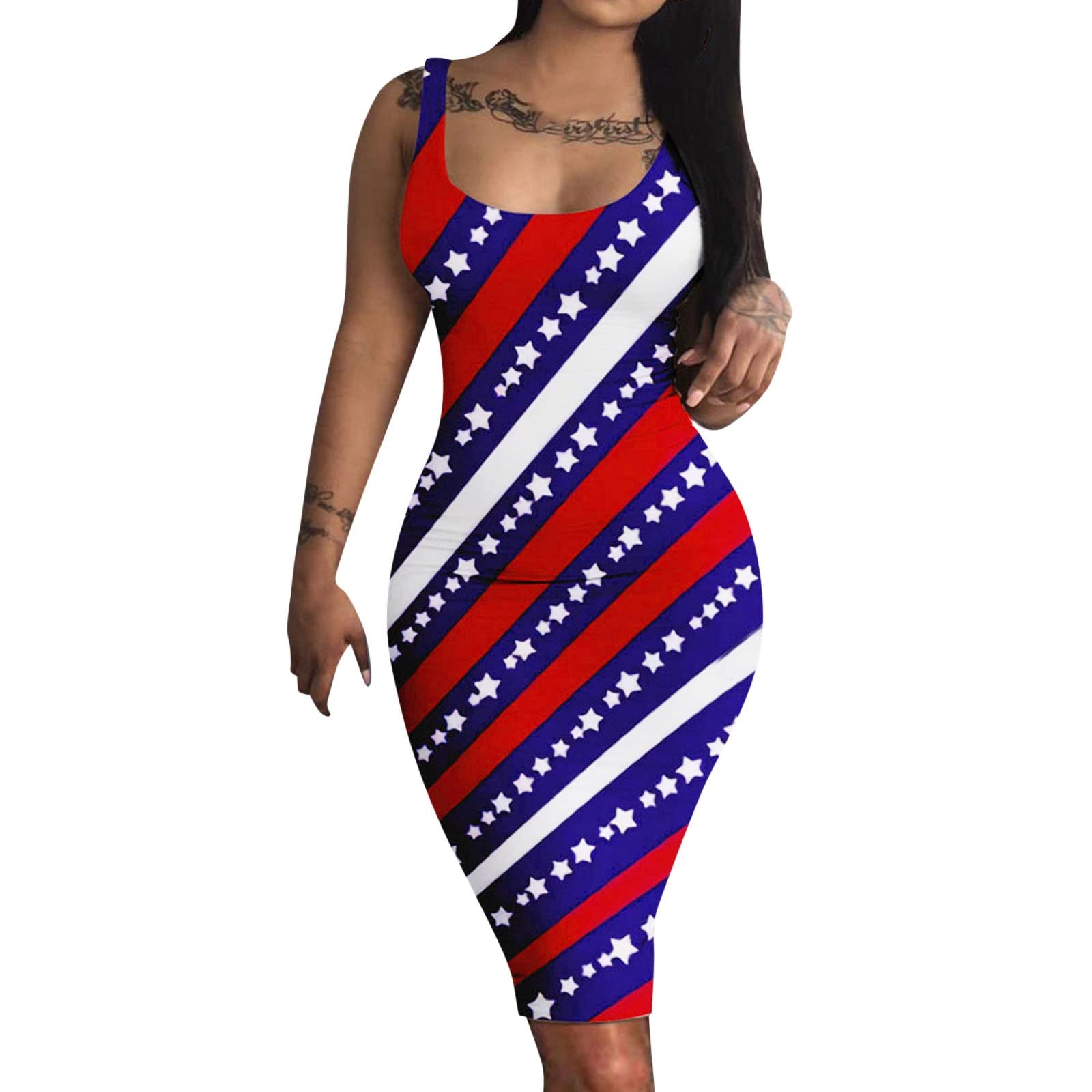 Keepfit Women's Sexy Sleeveless Cami Print Mini Dress - American Flag Clubwear in White & Silver | Perfect for Holiday Parties, Nightclubs & 4th of July Celebrations