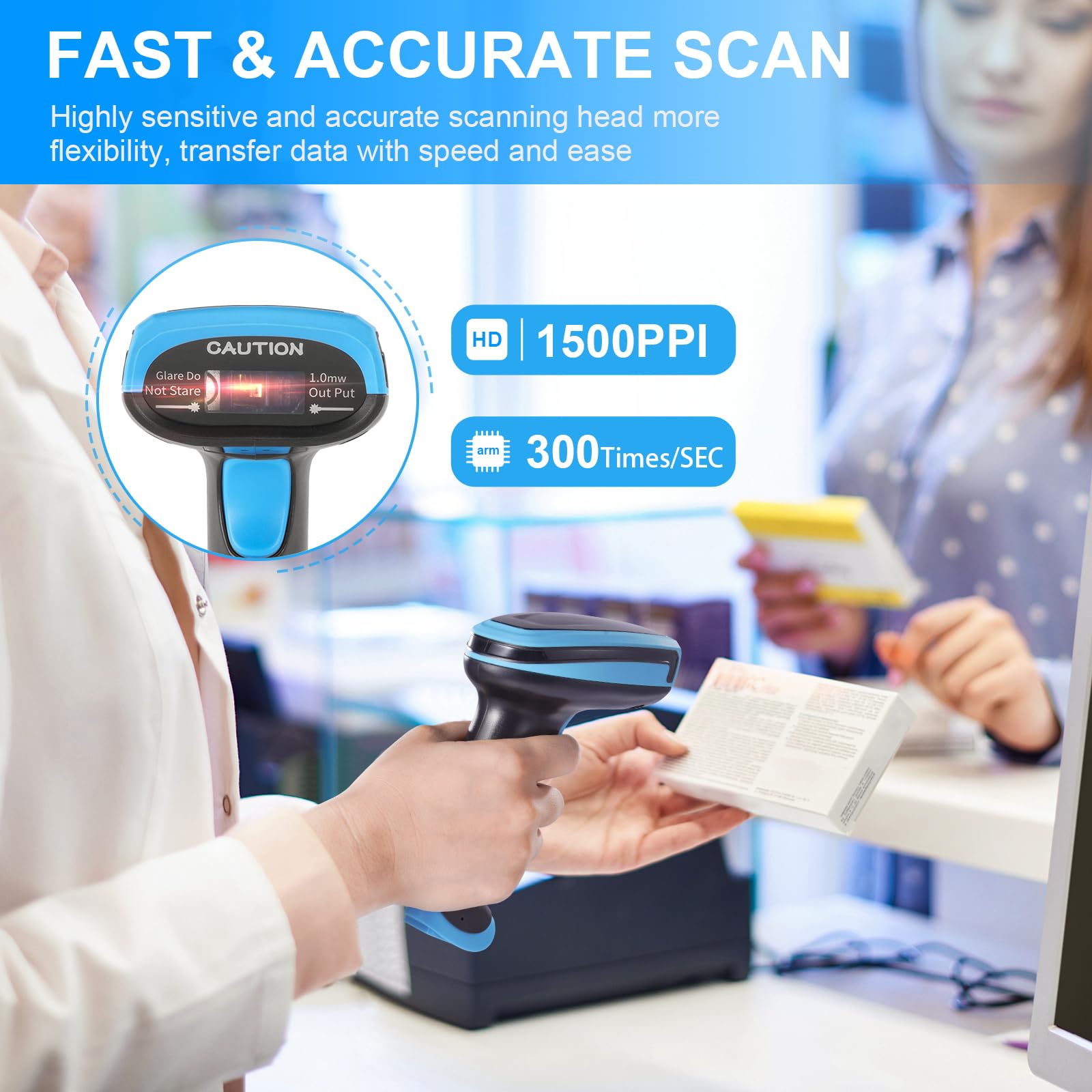 1D Barcode Scanner - Onewscan Wireless Laser Bar Code Reader with Stand, 2.4G Wireless & USB Wired Connection, Plug and Play Handheld Scanner for Retail, Warehouse, and Inventory Management