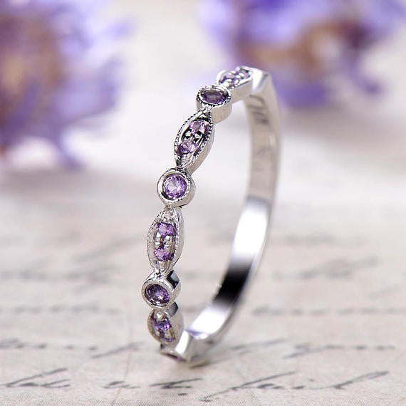 14K White Gold Amethyst Marquise Wedding Band for Women - Elegant Half Eternity Engagement Ring, Promise Ring & Anniversary Gift (Perfect for Bridal Jewelry, Romantic Proposals & Special Occasions)