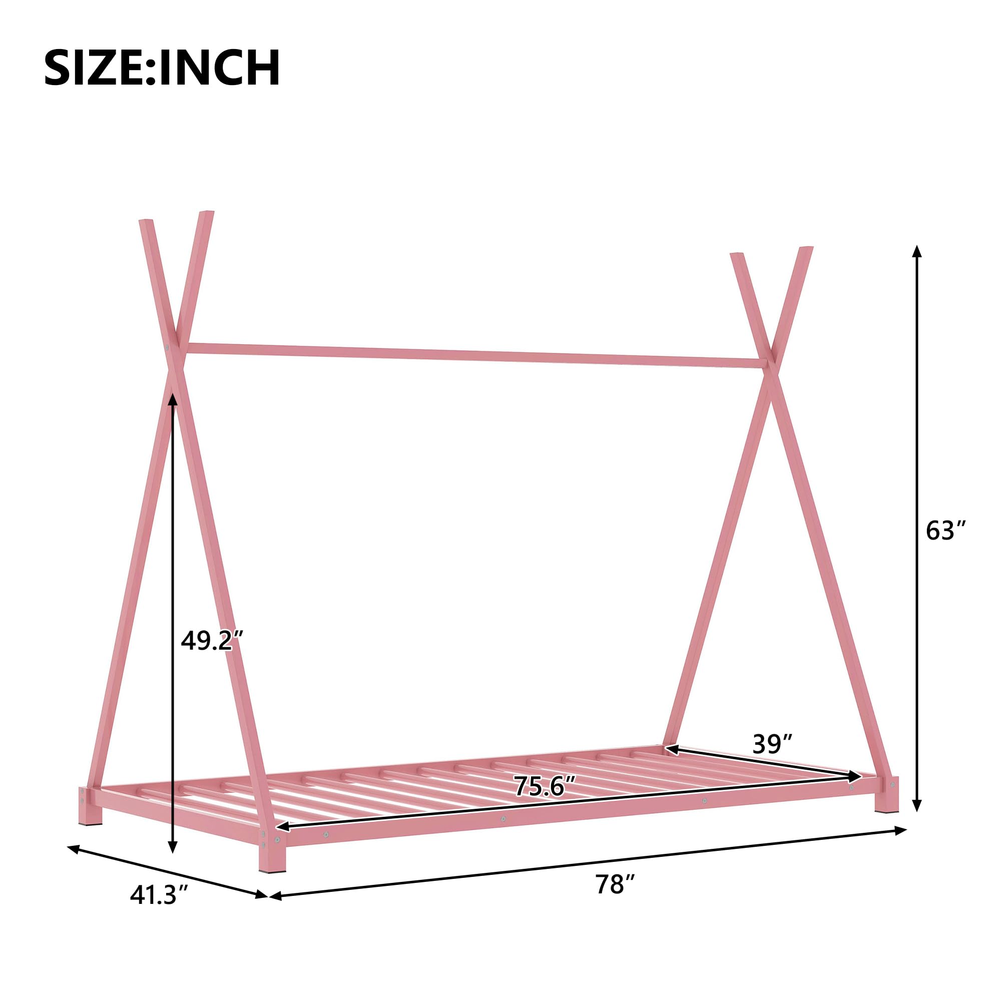 Montessori Twin Floor Bed Frame with Slats & Triangle Structure - Sturdy House Bed for Kids, Boys & Girls - Pink Wooden Toddler Bed for Playroom, Nursery or Kids Bedroom
