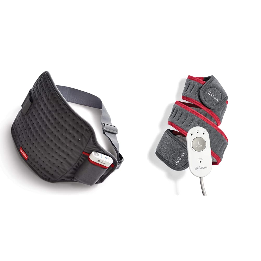 GoHeat Cordless Heating Pad for Back Pain Relief - 3 Heat Settings, 42 x 2.5 Inch Rechargeable Heating Wrap for Neck, Shoulders, Legs & Muscle Relaxation - Slate Gray & Red Flexfit Design (Perfect for Home, Office & Travel Use)