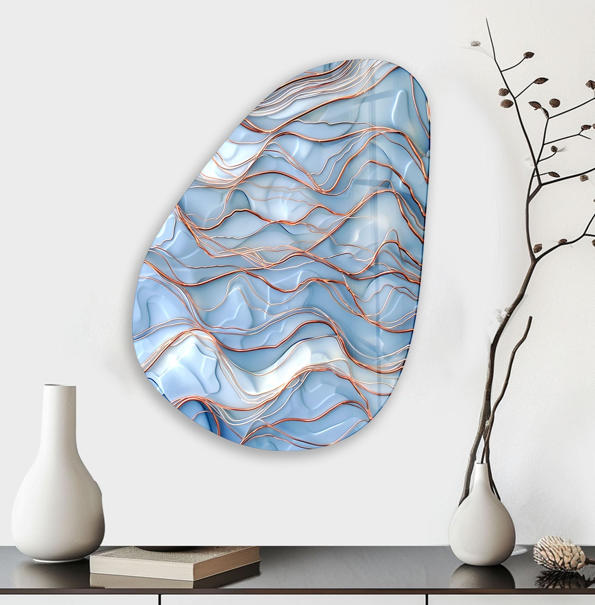 Blue Golden Marble Glass Wall Art - Handmade Asymmetrical Oval Design for Living Room, Bedroom & Office Decor | Modern Abstract Home Wall Decor