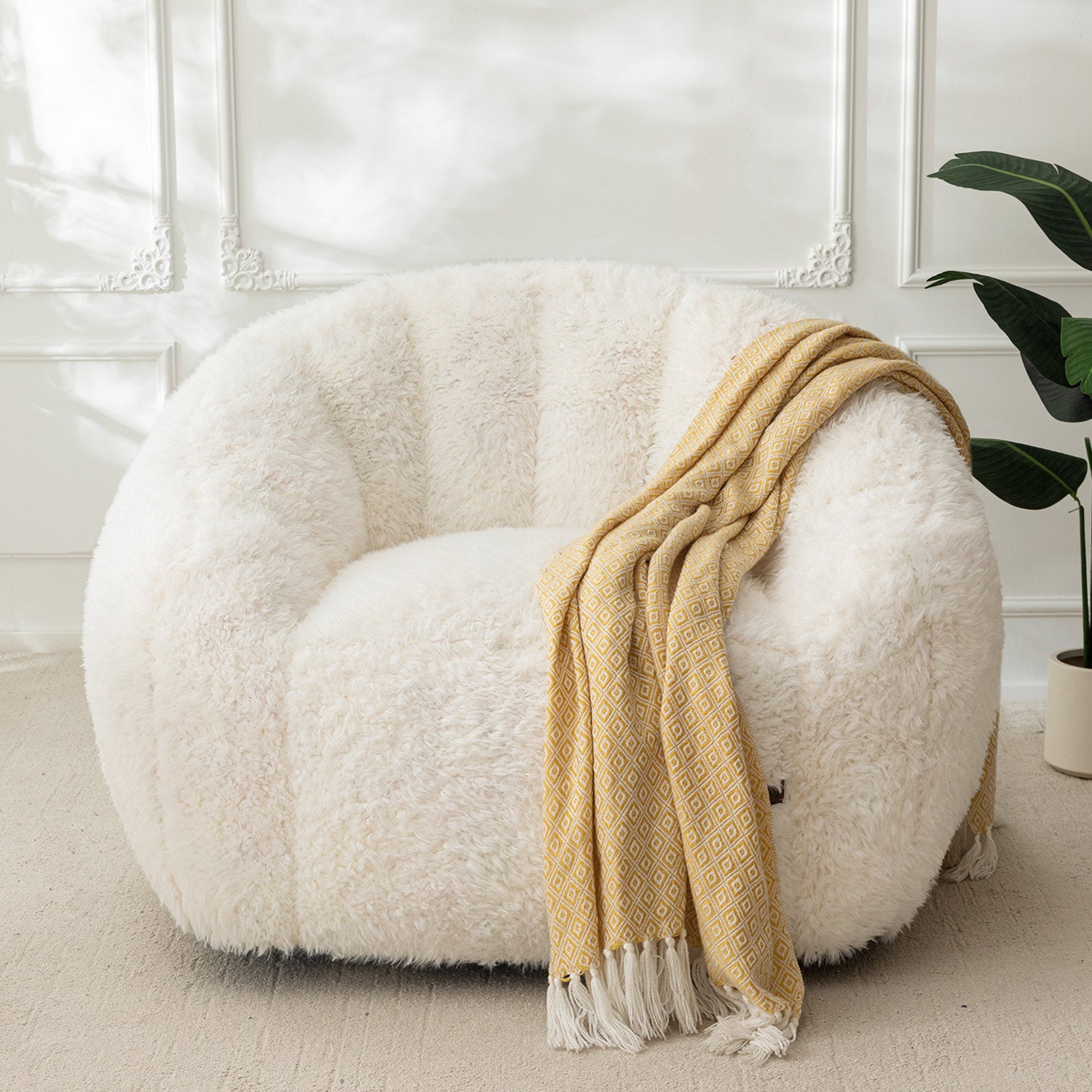 MAXYOYO Giant Bean Bag Chair - Fluffy Shaggy Floor Sofa with Shell Design, White - Perfect for Living Room, Bedroom, Dorm & Game Room Comfortable Seating