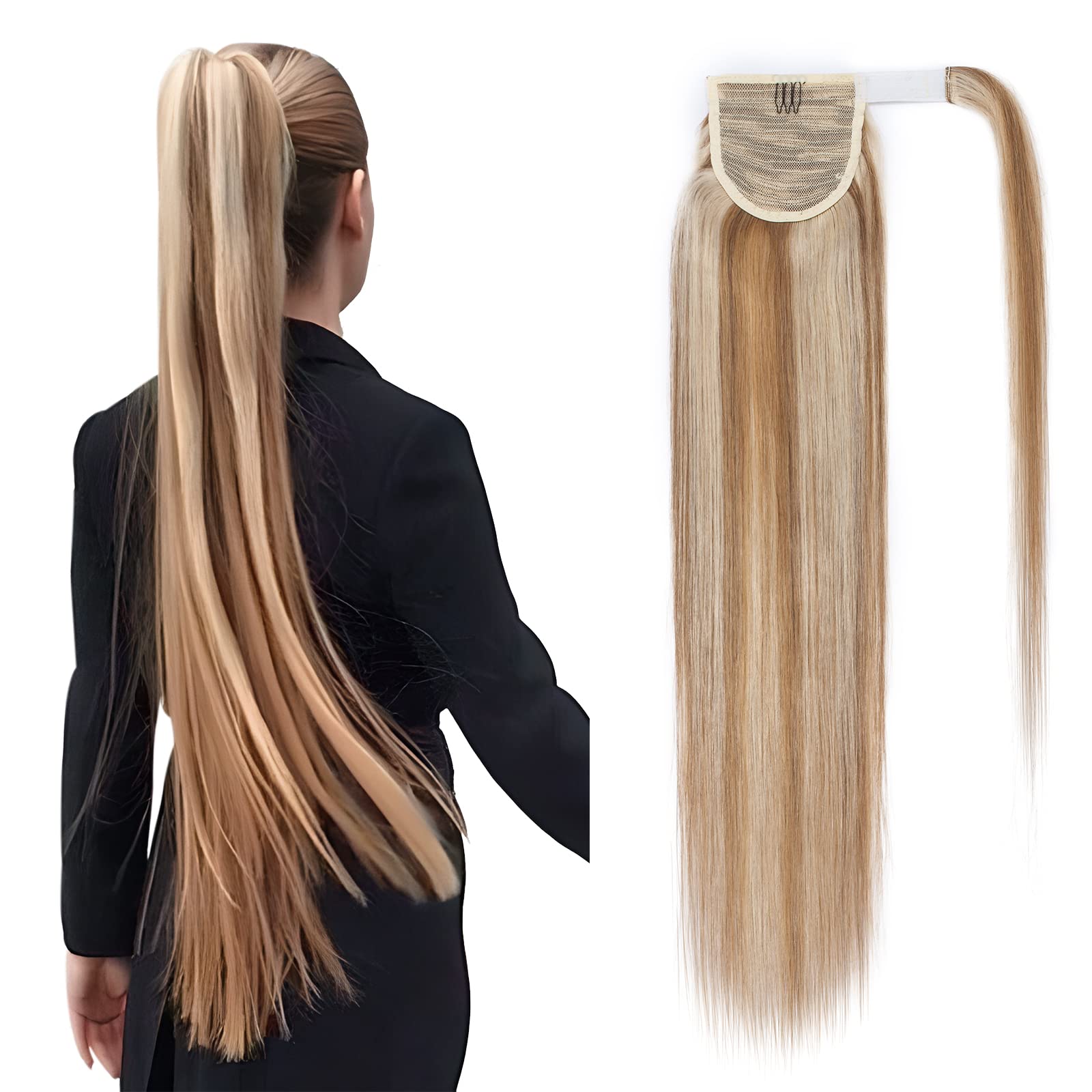 Clip-In Human Hair Ponytail Extensions - 22in Remy Hair Straight Ponytail Wrap with Magic Paste for Women & Girls | Ash Brown & Bleach Blonde (#12 & #613) | Perfect for Parties, Weddings & Everyday Styling