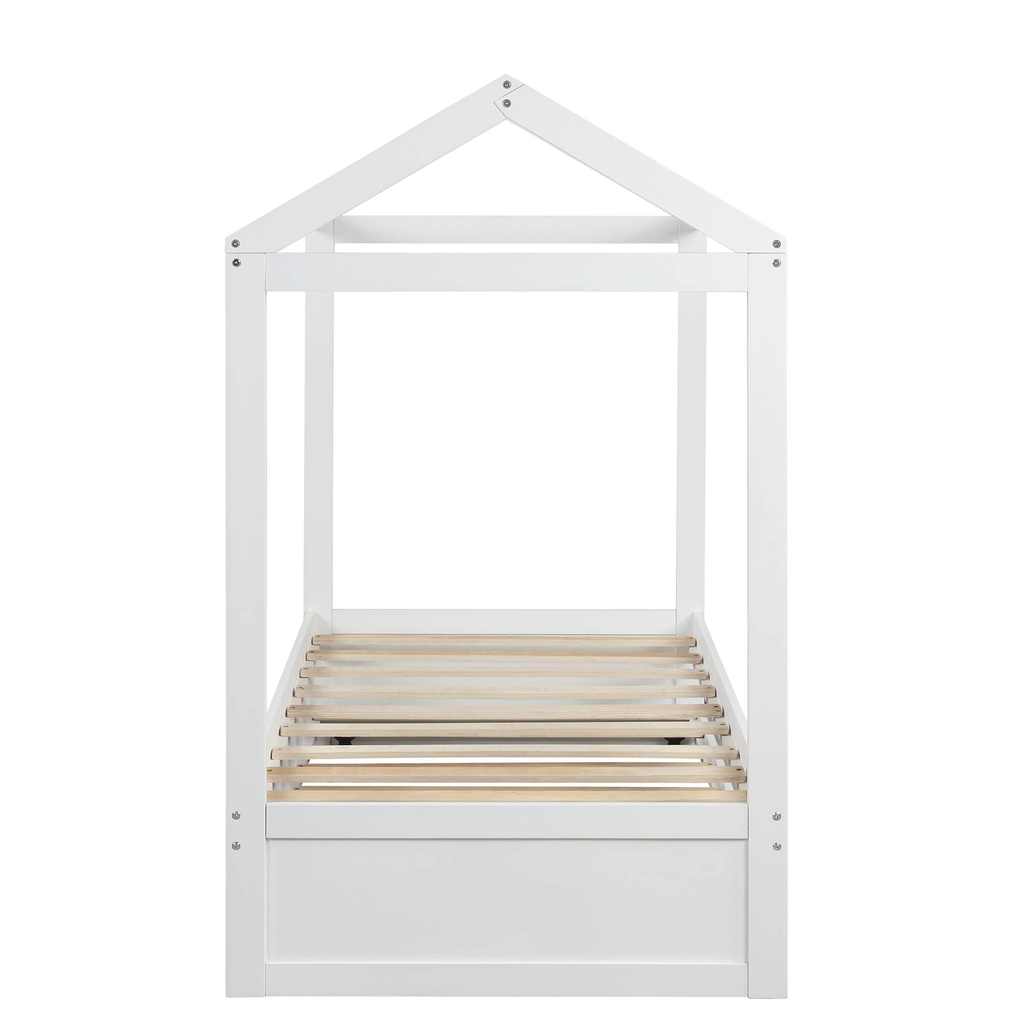 Harper & Bright Designs Twin Size Wooden Playhouse Bed Frame for Kids with Trundle & Roof - Montessori Style House Bed for Boys & Girls, No Box Spring Needed (White) - Perfect for Bedrooms, Playrooms & Imaginative Play Spaces
