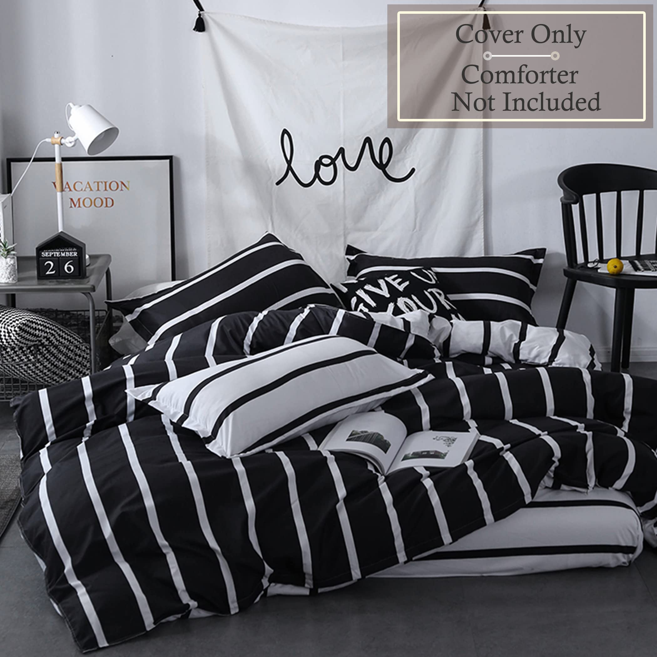 Premium Queen Size Duvet Cover Set - Reversible Black & White Striped Luxury Bedding (1 Duvet Cover + 2 Pillowcases) | Soft Breathable Fabric for All-Season Comfort | Perfect for Modern Bedrooms, Guest Rooms & Airbnb Listings