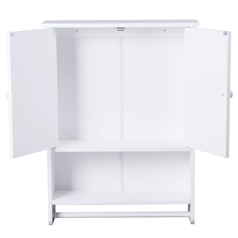 White Over The Toilet Storage Cabinet - 2 Door Bathroom Wall Cabinet with Towel Bar, Space Saving Medicine & Kitchen Organizer for Bathroom, Bedroom or Laundry Room