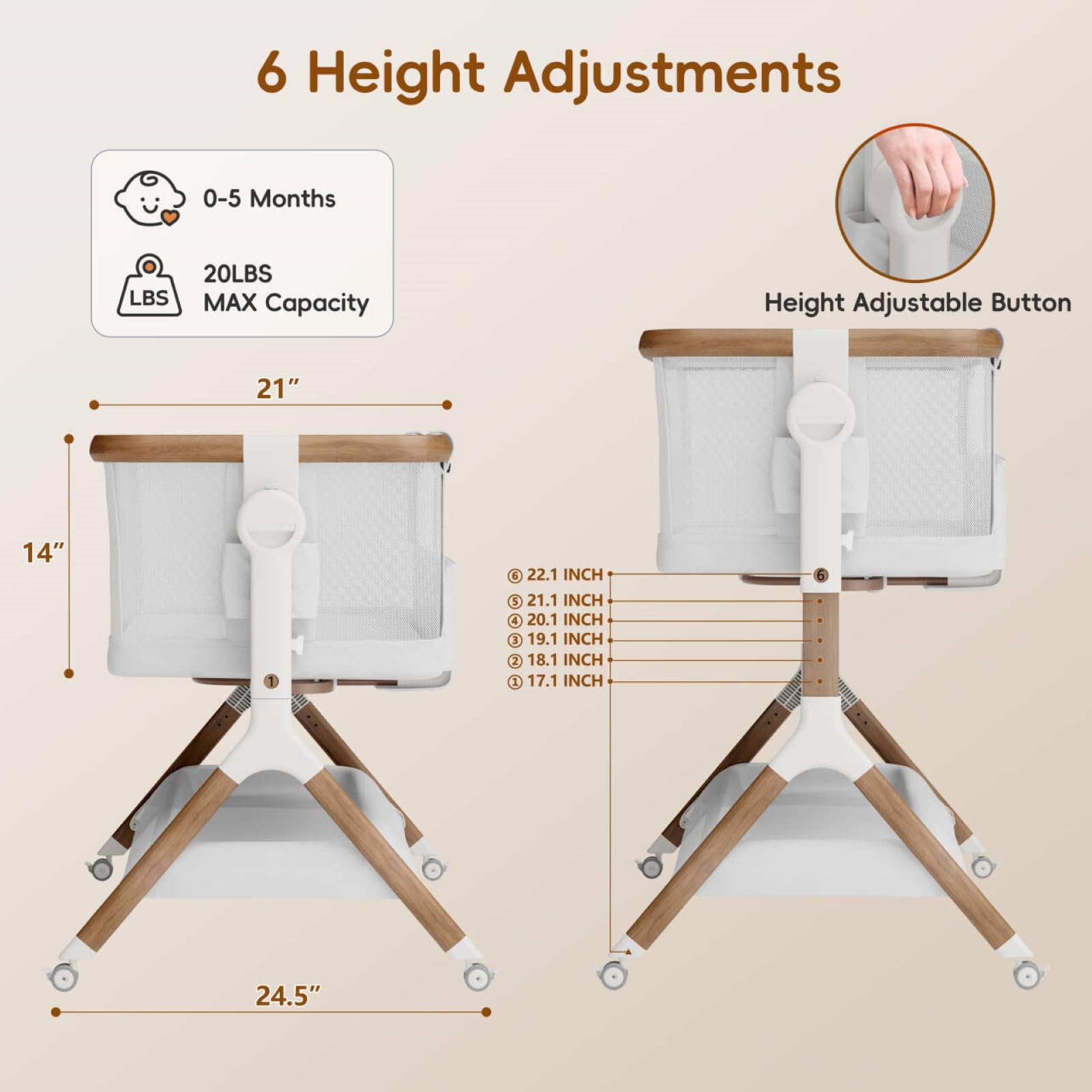 **3-in-1 Adjustable Baby Bassinet with Breathable Mesh & Wheels – Portable Rocking Crib for Newborns, Bedside Sleeper with 6 Height Settings – Perfect for Nursery, Travel & Co-Sleeping**
