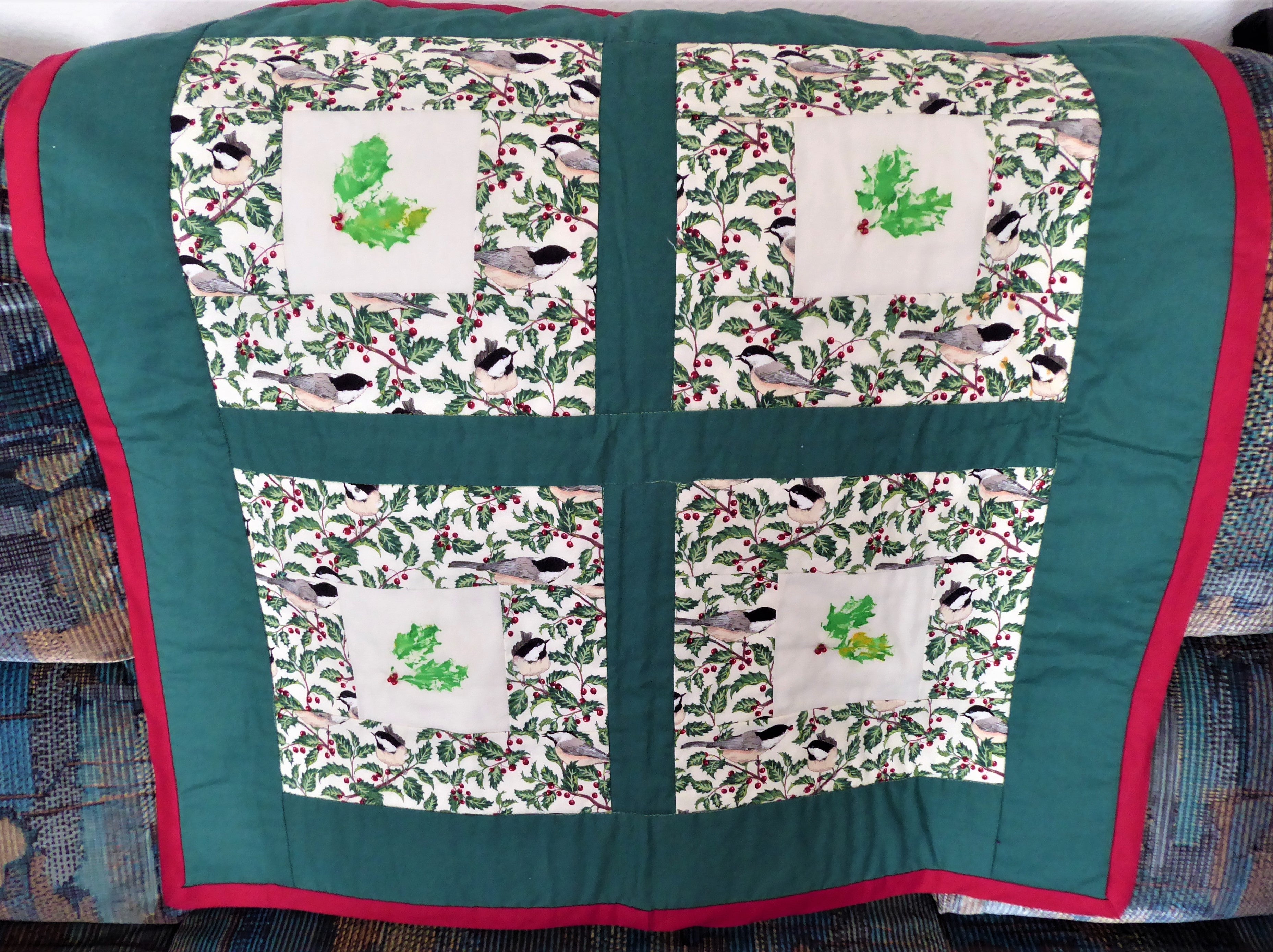Christmas Quilt Wall Hanging with Chickadees & Holly Beads - Festive Holiday Table Topper Decor for Home, Living Room, and Seasonal Party Decoration