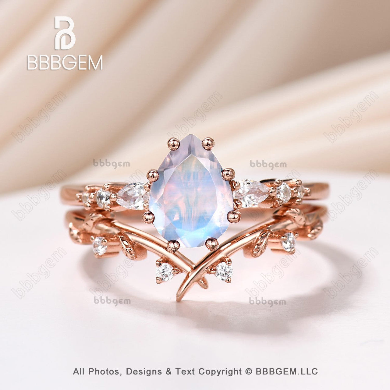 Pear Cut Moonstone & Moissanite Promise Ring Set for Women - Nature Inspired Leaf Stacking Band - Perfect for Engagement, Wedding, Anniversary Gifts & Everyday Boho Jewelry