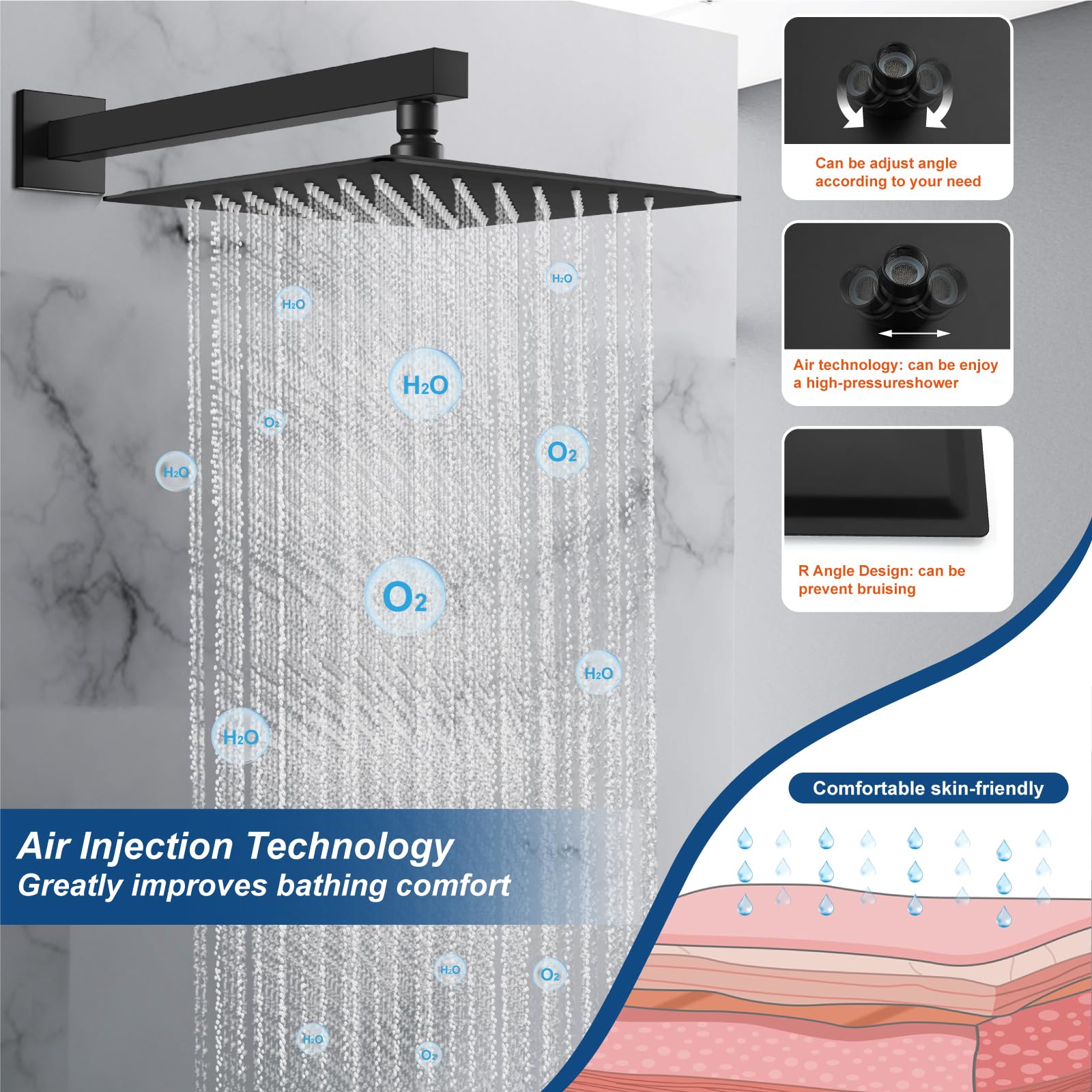 Midanya 12 Inch Matte Black Square Rainfall Shower System - Wall Mount Shower Head with Handheld Sprayer, Rough-in Valve & Mixer Trim Kit - Perfect for Modern Bathroom & Spa-Like Shower Experience