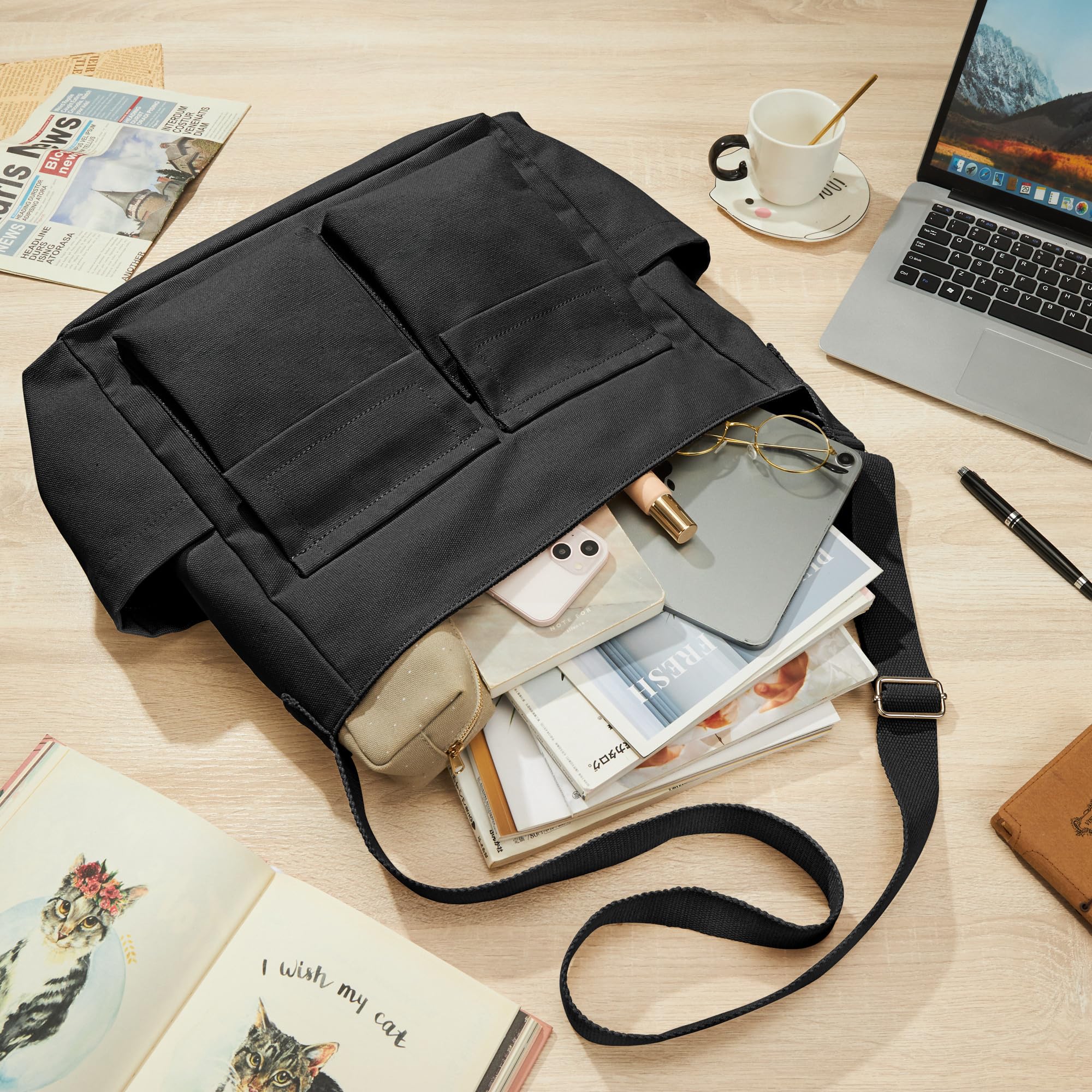 KALIDI Canvas Tote Bag - Large Crossbody Messenger Bag for Women & Men - Durable Casual Shoulder Bag for College, Work & Daily Use - Perfect for Commuting, Shopping & Travel