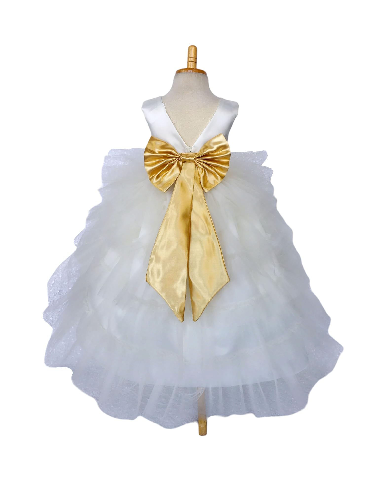 Ivory Sleeveless High-Low Tulle Flower Girl Dress with Ruffle & Gold Accessories - Perfect for Weddings, Birthday Parties & Special Occasions (Size 14)
