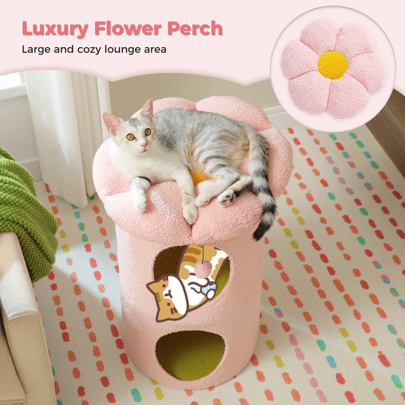 2 Tier Cat House with Flower Design - Pink Pet Bed for Small Cats & Kittens | Perfect for Indoor Play, Nap & Relaxation