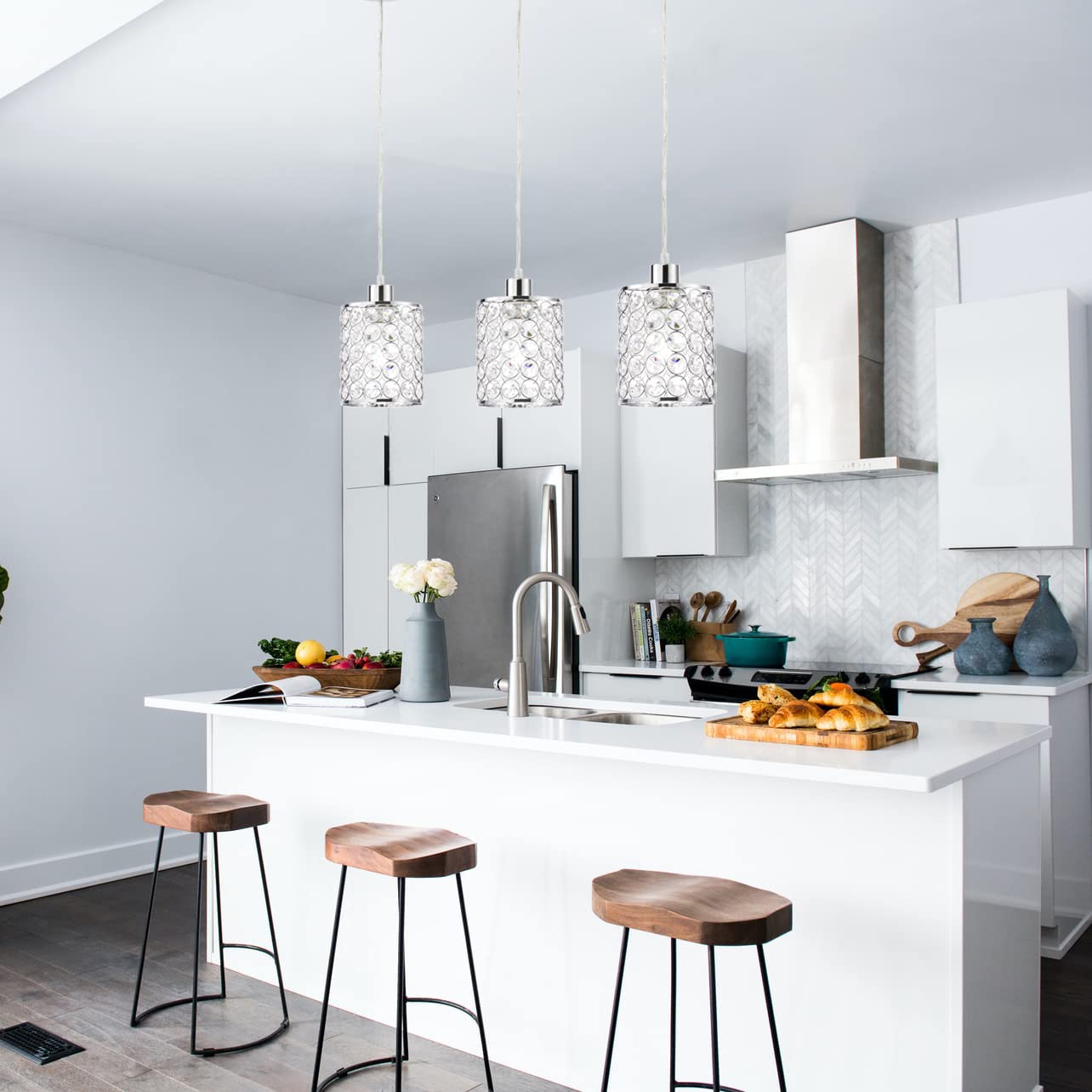 3 Pack Modern Crystal Pendant Lights - Adjustable Chrome Kitchen Island Lighting Fixtures for Dining Room, Bedroom & Bar Decor | Energy Efficient Hanging Ceiling Lights for Home & Commercial Spaces