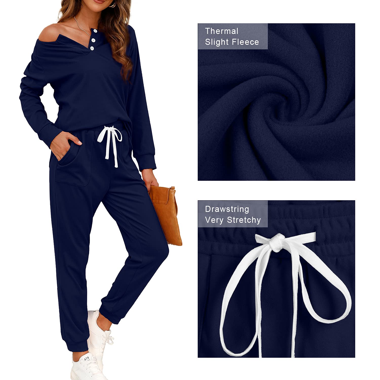 WIHOLL Women's Two Piece Lounge Set - Button Down Sweatshirt & Sweatpants Outfit with Pockets | Comfortable Casual Wear for Home, Workout & Running Errands