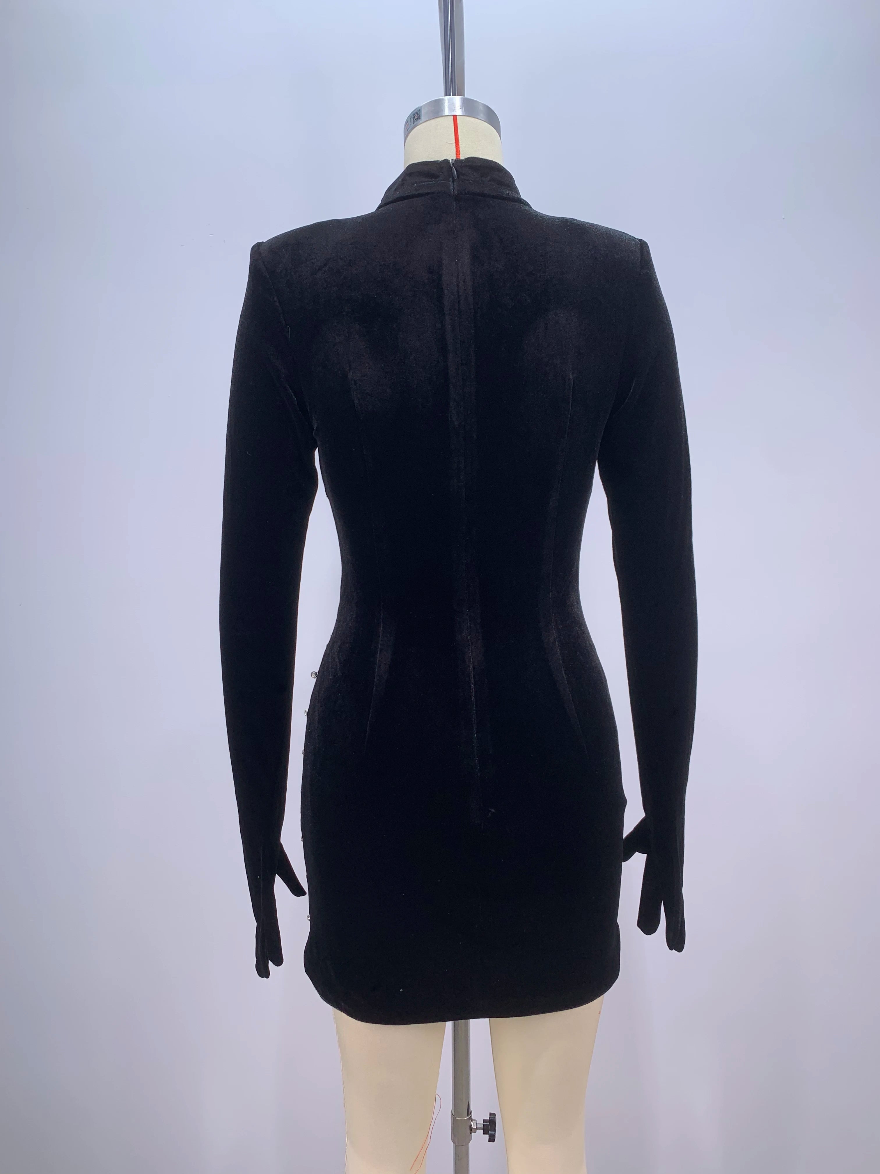 2024 Women's Velvet Long Sleeve Bodycon Mini Dress with Sparkly Crystal Details - Elegant Nightclub, Cocktail Party & Evening Wear - Sexy Gloves Included for Formal Events & Special Occasions