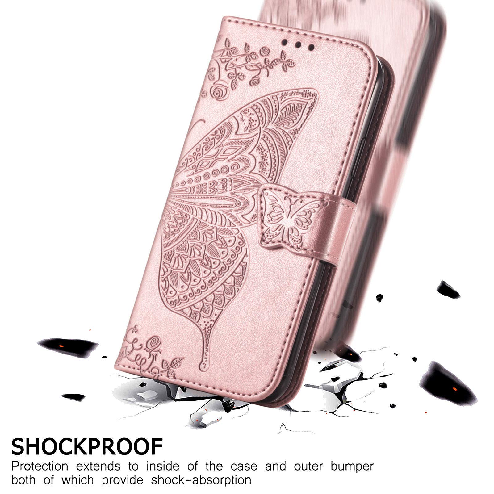 Premium PU Leather Flip Wallet Case for iPhone 14 Pro Max with Wrist Strap, Credit Card Holder & Kickstand - Rose Gold Embossed Butterfly Flower Design | Perfect for Daily Commute, Shopping & Travel Protection
