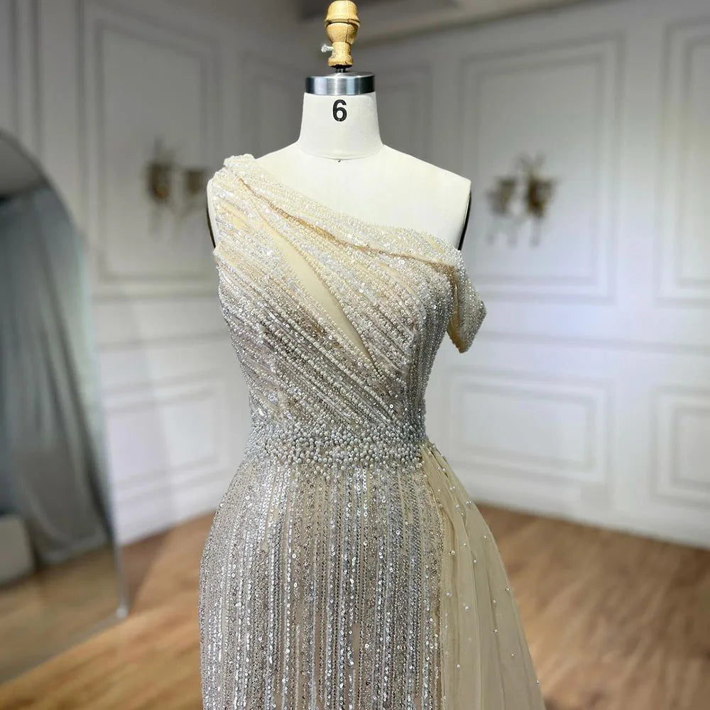Serene Hill Yellow One Shoulder Black High Slit Mermaid Beaded Evening Dress for Women - Elegant Wedding Party Gown 2025 LA72424 | Perfect for Prom, Cocktail Party & Formal Events