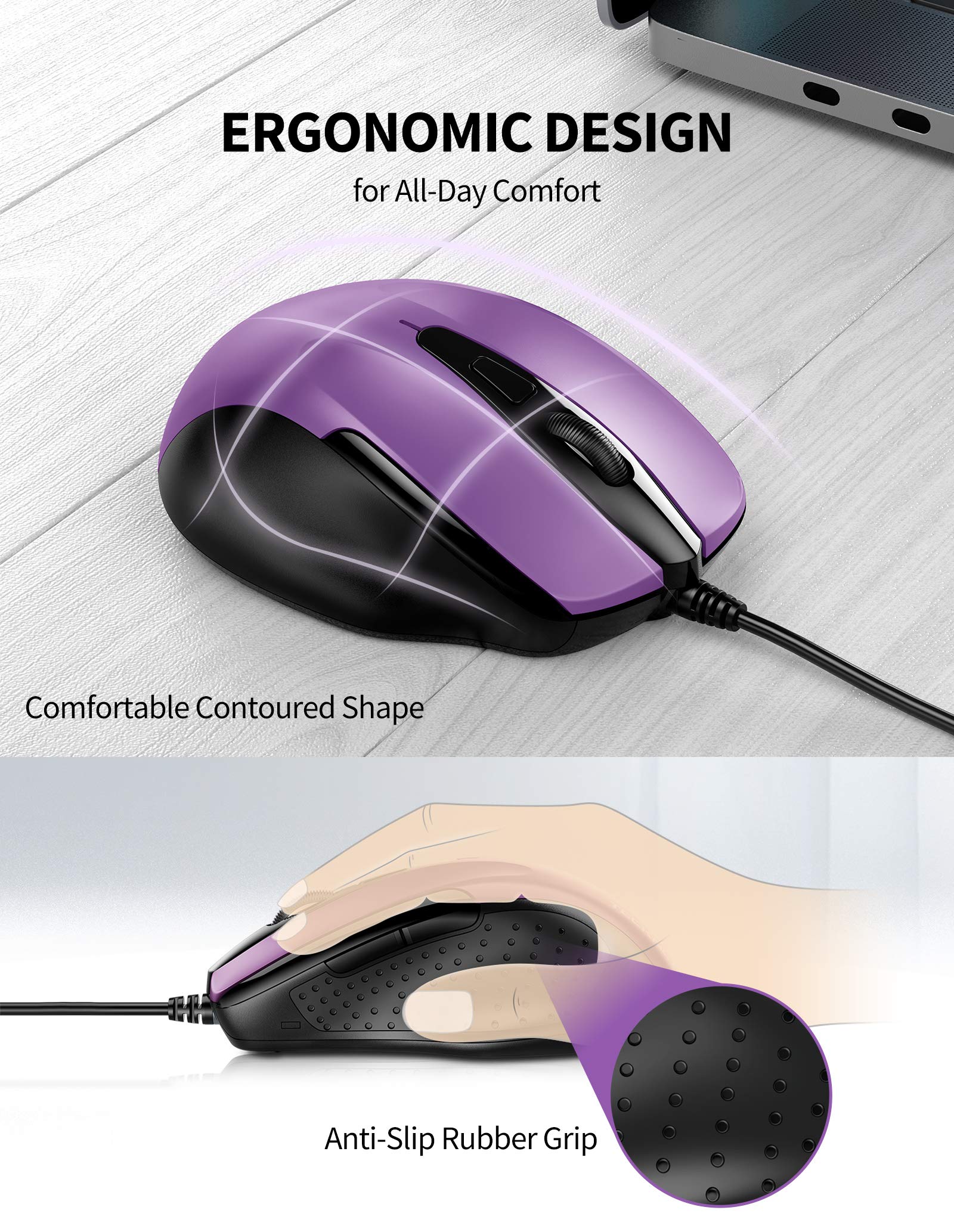 TECKNET USB Wired Mouse - 6-Button Ergonomic Optical Mouse with 4 Adjustable DPI (1600/2400/3200/4800) & 5FT Cord - Perfect for Laptop, Chromebook, PC, Desktop, Mac (Purple) | Ideal for Office Work, Gaming & Home Use