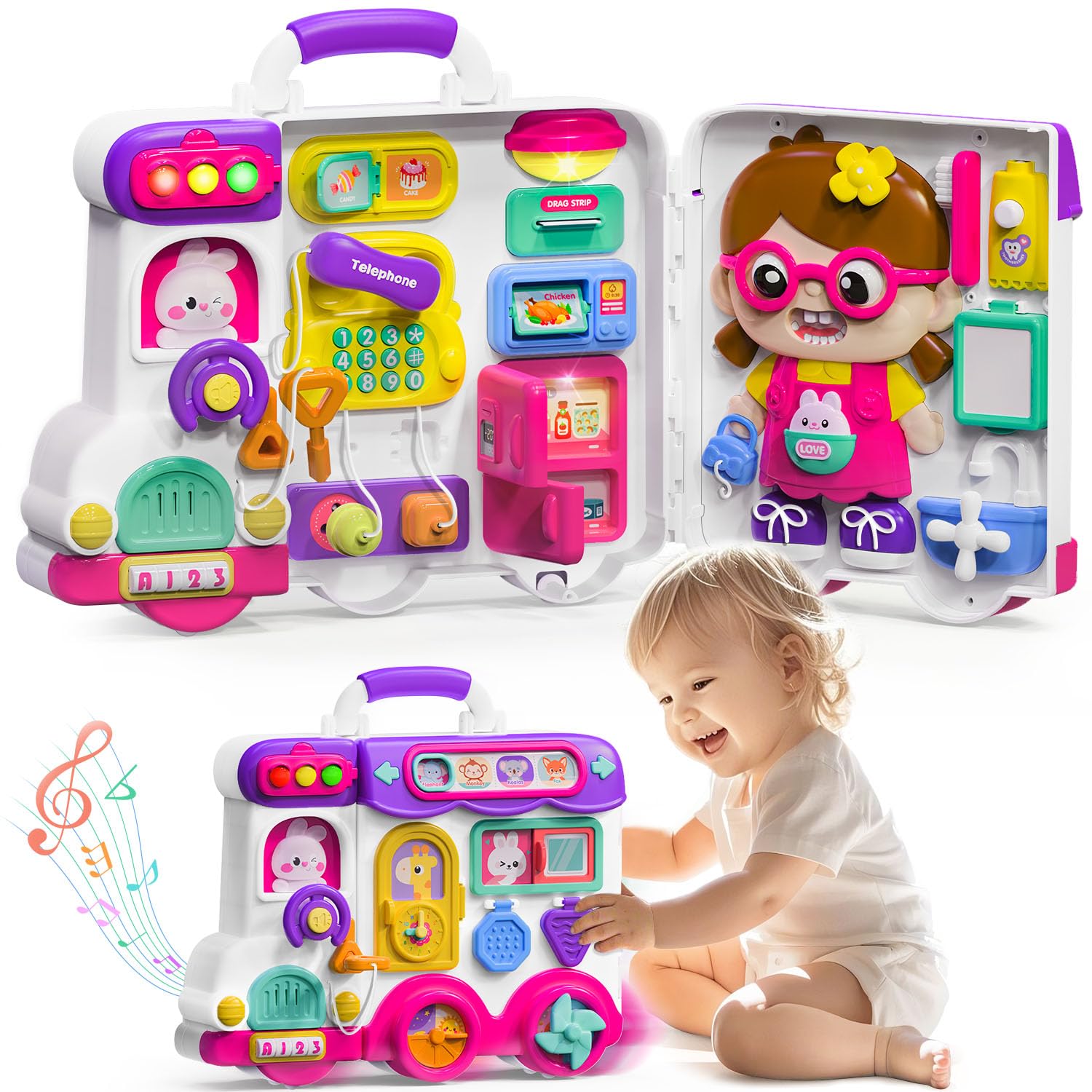 Montessori Busy Board for Toddlers 1-3 Years - Educational Fine Motor Skills Toy with Music for 12-18 Month Old Babies - Perfect Birthday Gift for 1+ Year Old Girls - Great for Preschool Learning & Travel Activities