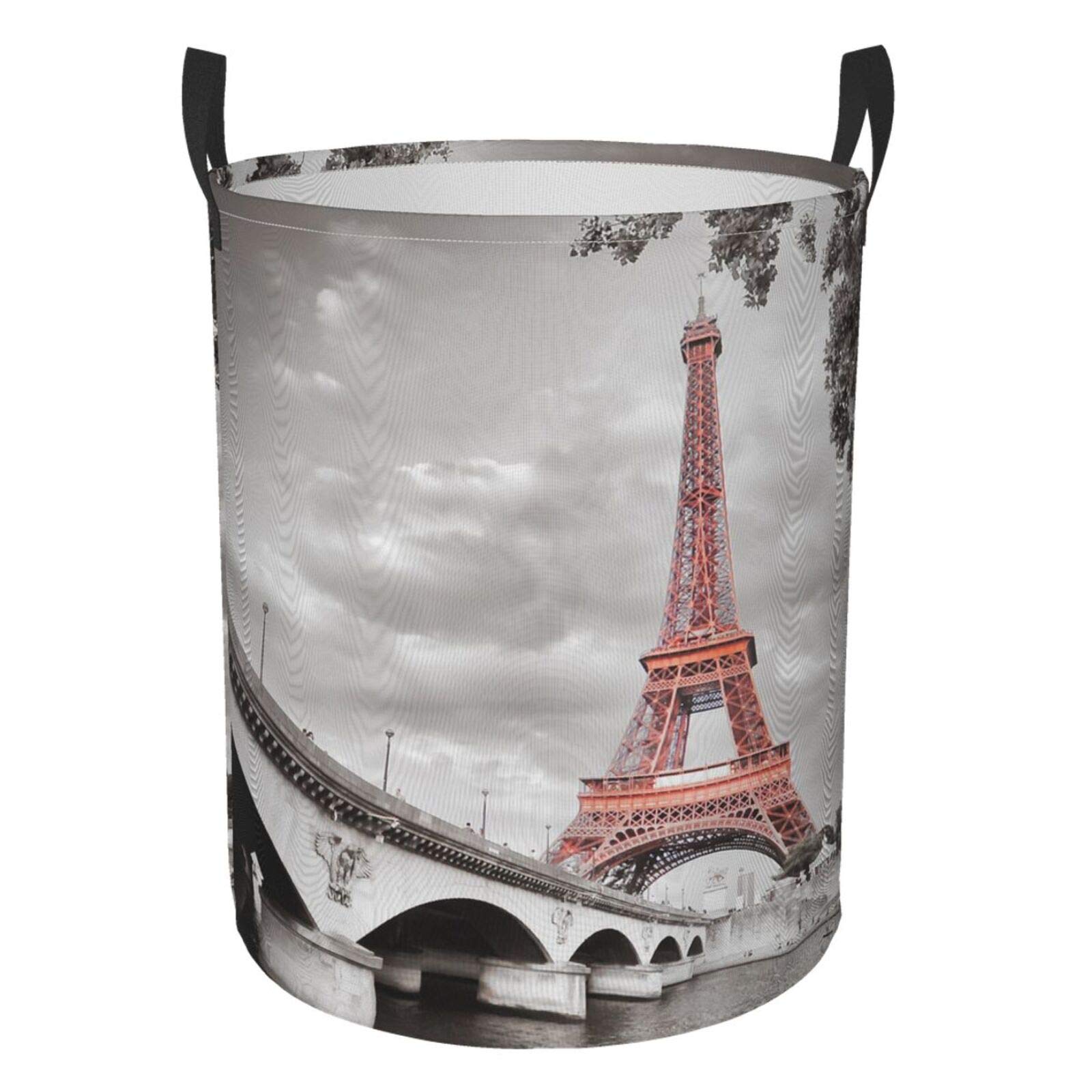 FeHuew Grey Eiffel Tower Collapsible Laundry Basket with Handle - Waterproof Fabric Hamper for Dirty Clothes, Toys & Bathroom Storage - Space Saving Clothes Organizer for Home, Dorm & Travel