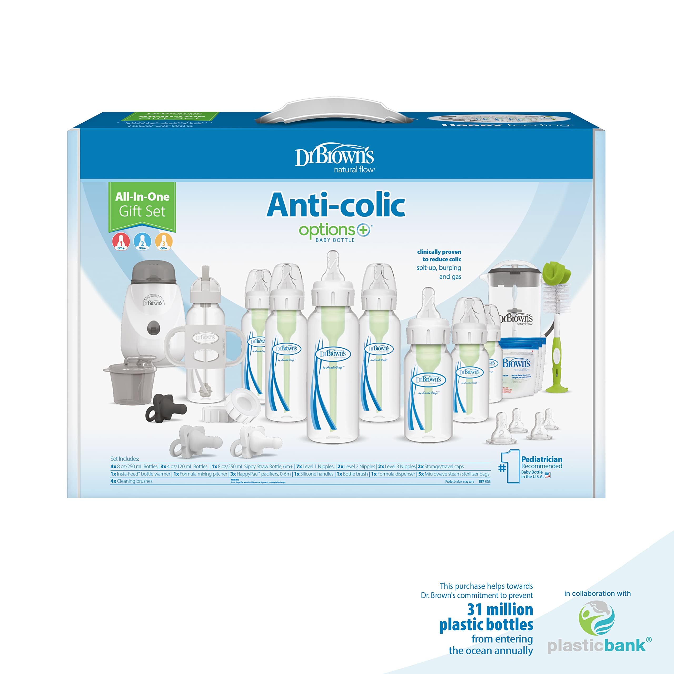 Dr. Brown’s Natural Flow® Options+™ All-in-One Baby Bottle Gift Set - BPA-Free, Anti-Colic, Newborn Feeding Essentials for Breastfed & Formula Fed Babies - Perfect Baby Shower Gift & Travel Feeding Kit