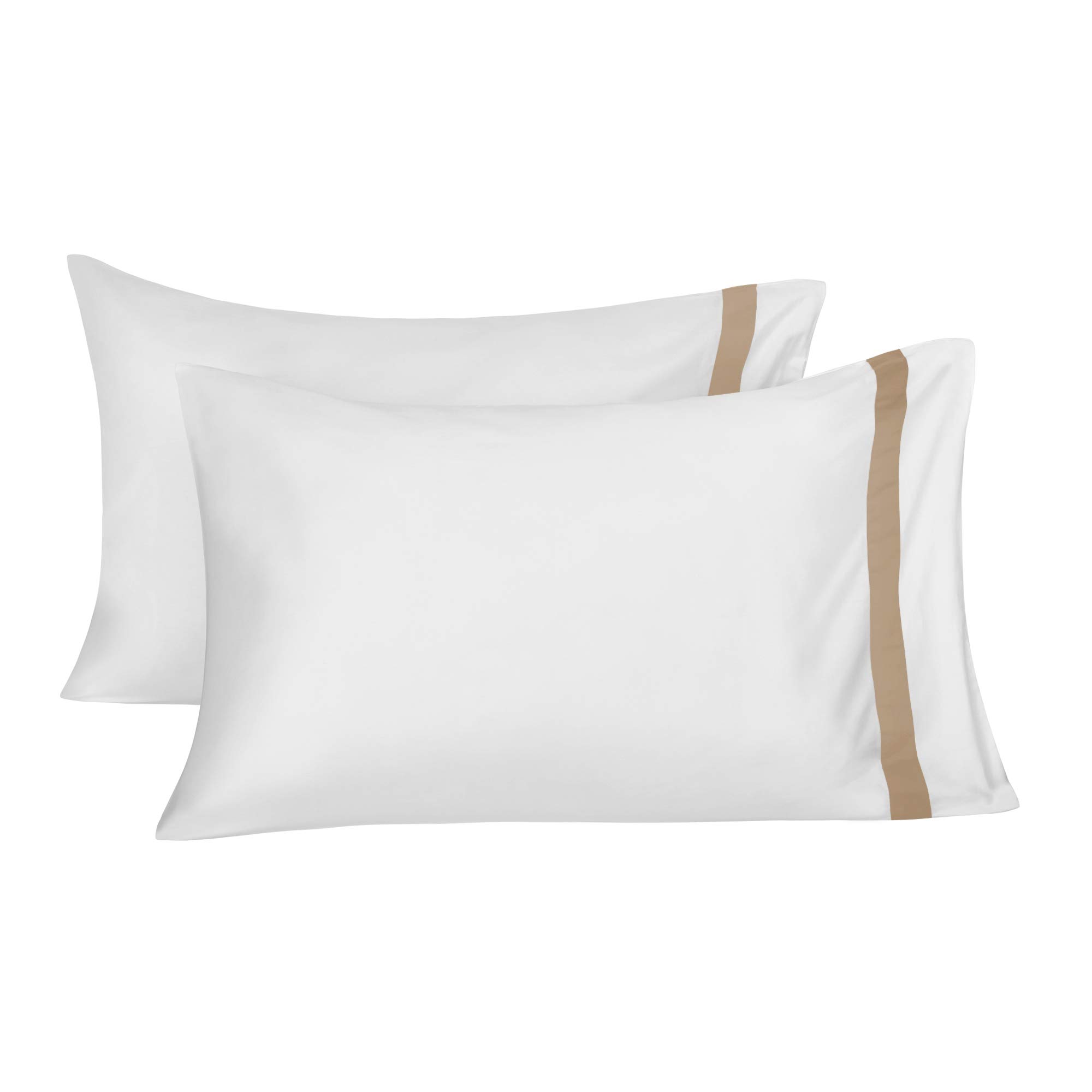 BIOWEAVES 100% Organic Cotton Banded Pillowcases - Soft Sateen Weave GOTS Certified Standard/Queen Size (Set of 2) White & Sand - Breathable & Hypoallergenic for Better Sleep, Perfect for Bedroom, Hotel, or Travel