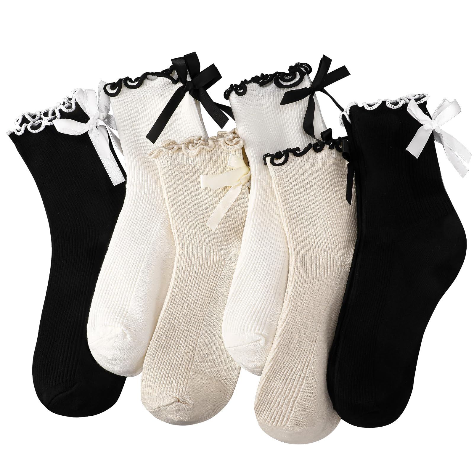 6 Pairs Women's Bow Socks - Cute Ruffle Crew Socks in Black & White - Soft Breathable Cotton Ankle Socks for Casual Wear, Daily Outfits, and Gift Giving