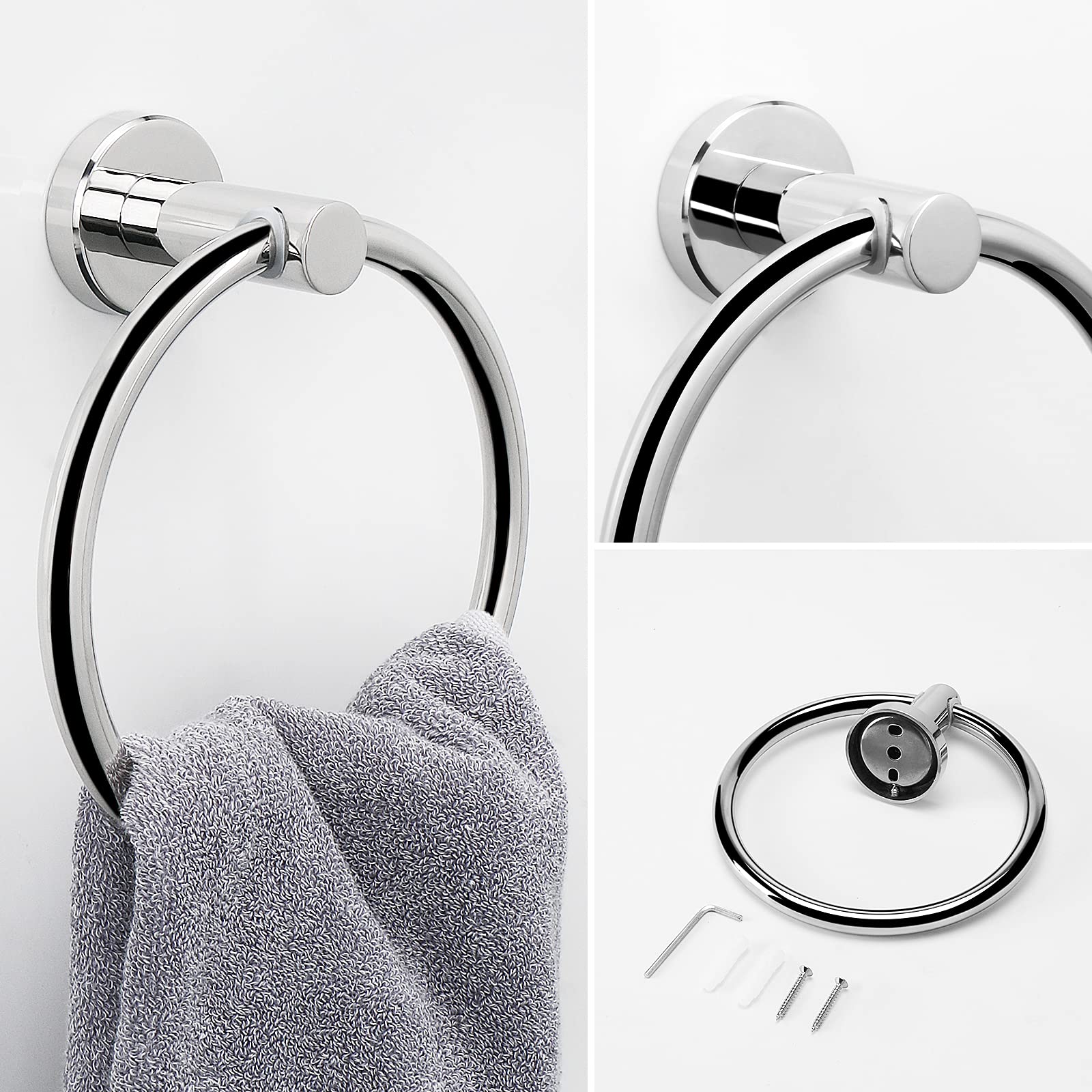 NearMoon 3-Piece Stainless Steel Bathroom Hardware Set - Chrome Wall Mounted Towel Ring & 2 Hooks for Hand Towels & Robes | Perfect for Bathroom, Spa & Guest Room Organization