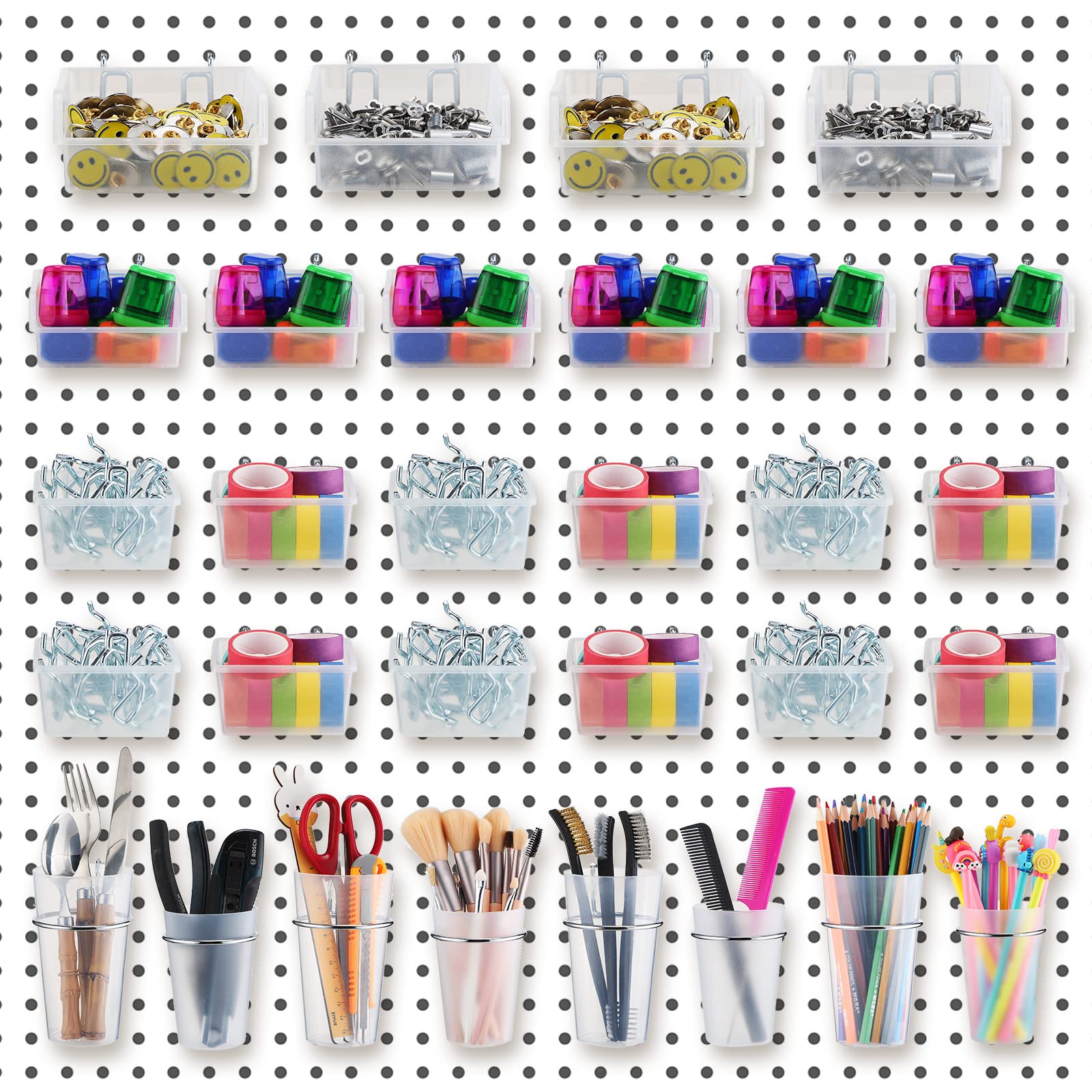 Roowest 60 Pcs Clear Pegboard Organizer Set with Hooks & Bins - Wall Mount Storage Solution for Office, Garage, Craft Room & Workshop Accessories Organization