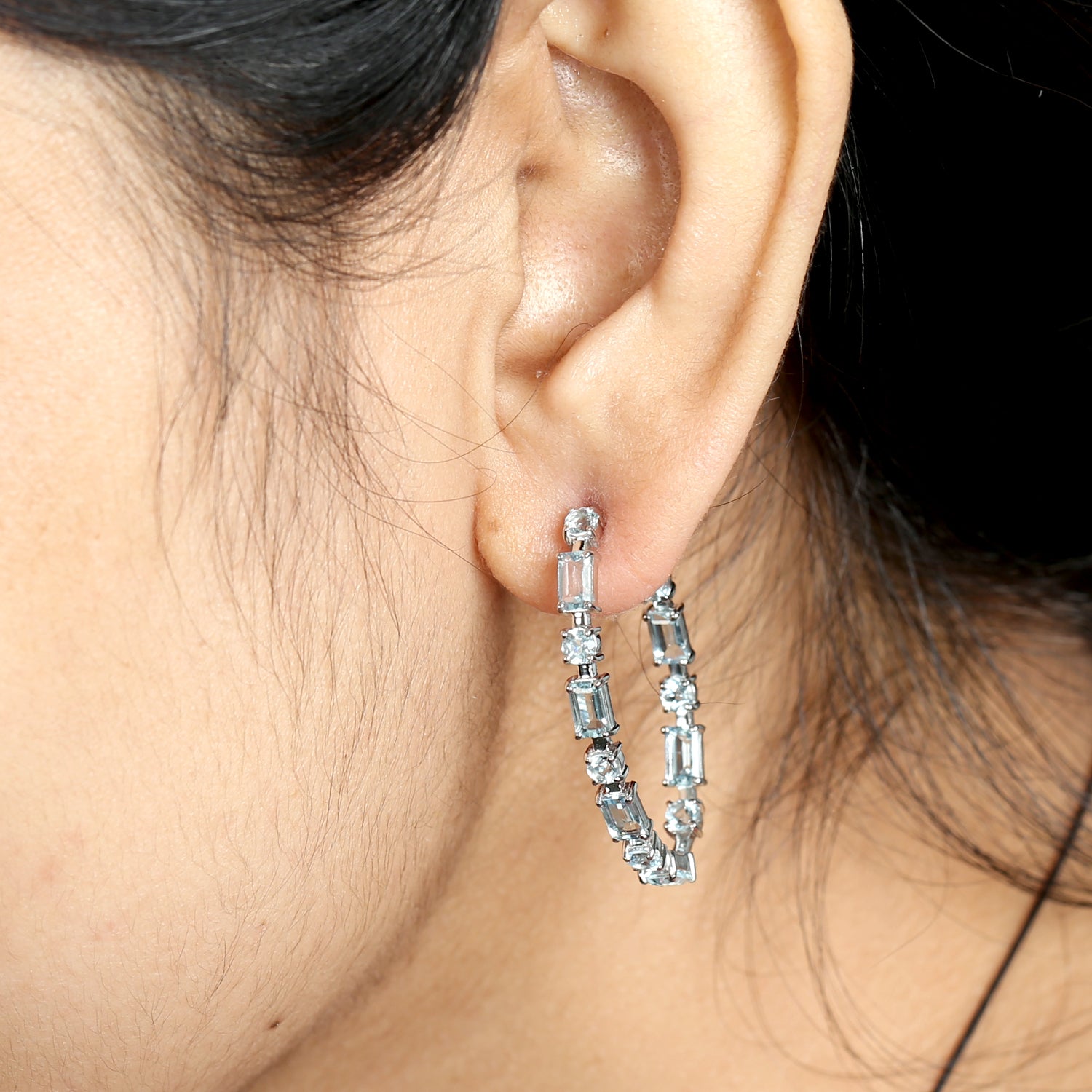 18K White Gold Baguette Cut Aquamarine Long Hoop Earrings | Elegant Dangle Earrings for Women | Perfect for Weddings, Parties & Special Occasions