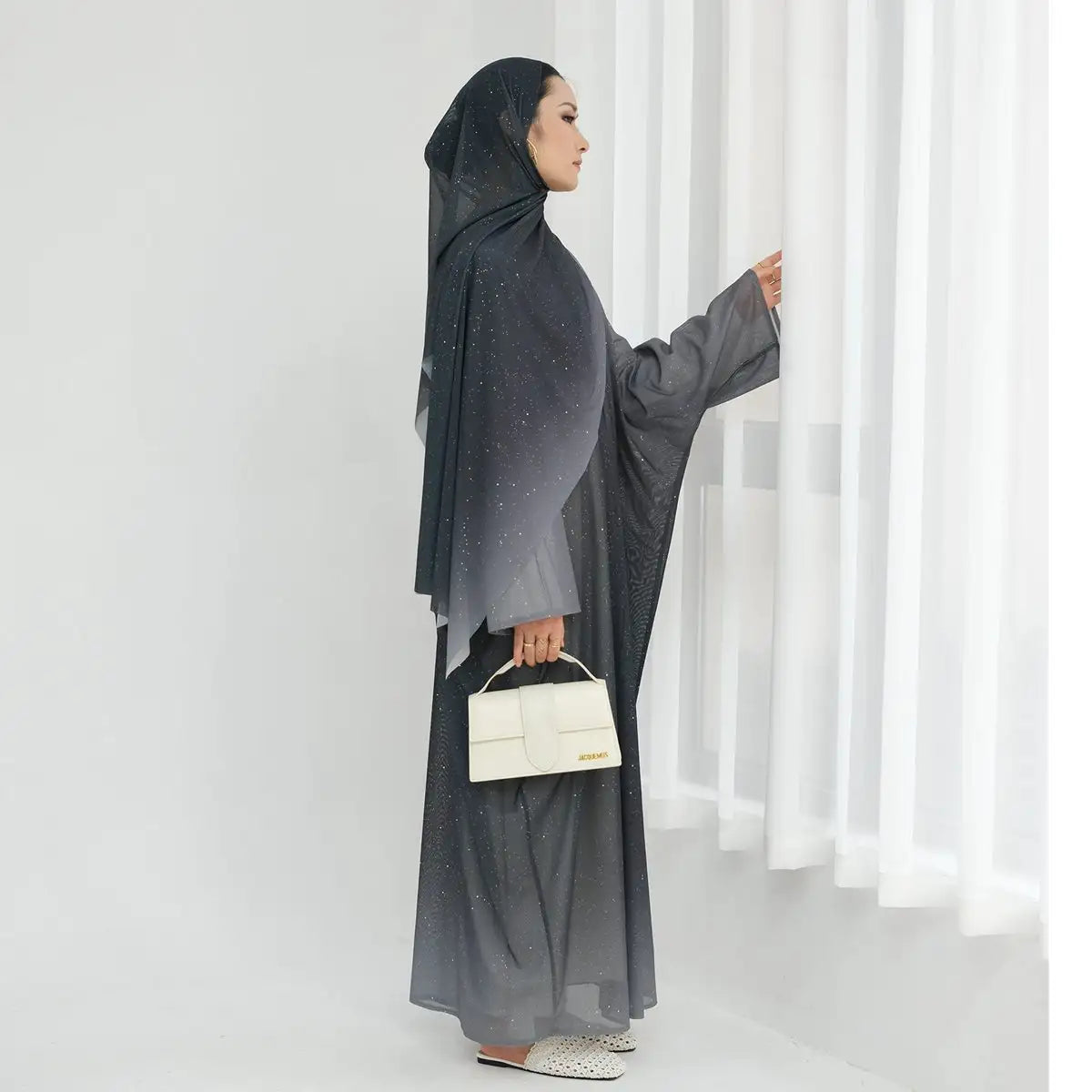 Sparkly Gradient Open Abaya Dress with Matching Glitter Hijab - Elegant Islamic Fashion for Parties, Weddings & Special Occasions
