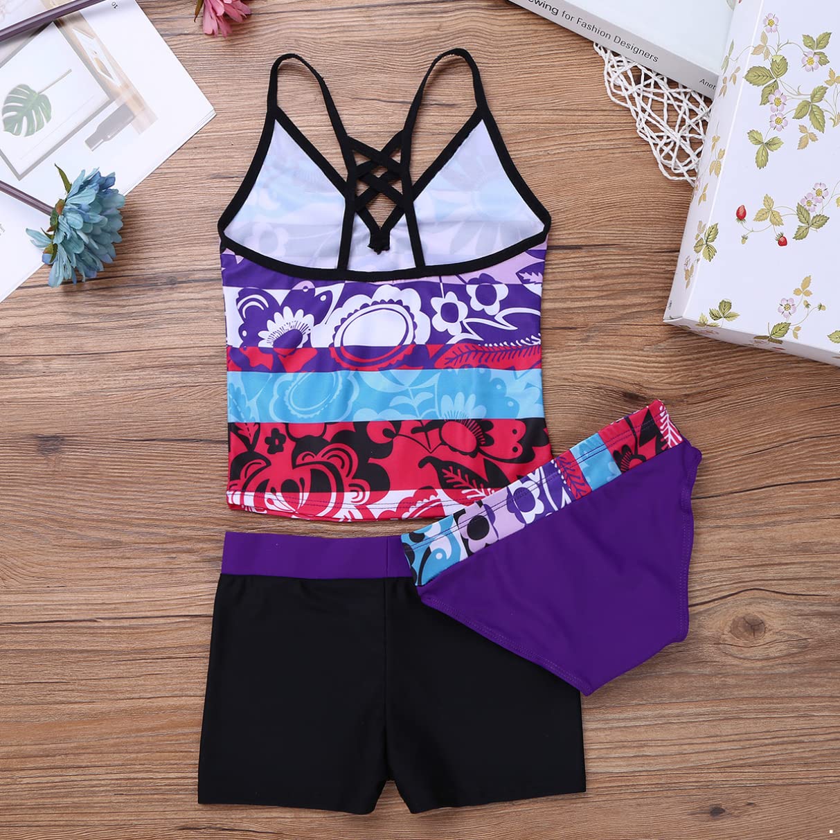Girls' 3-Piece Swimsuits - Floral Print Tankini Bikini Set with Swim Shorts | Cute Bathing Suit for Kids | Perfect for Pool Parties, Beach Vacations & Summer Water Play