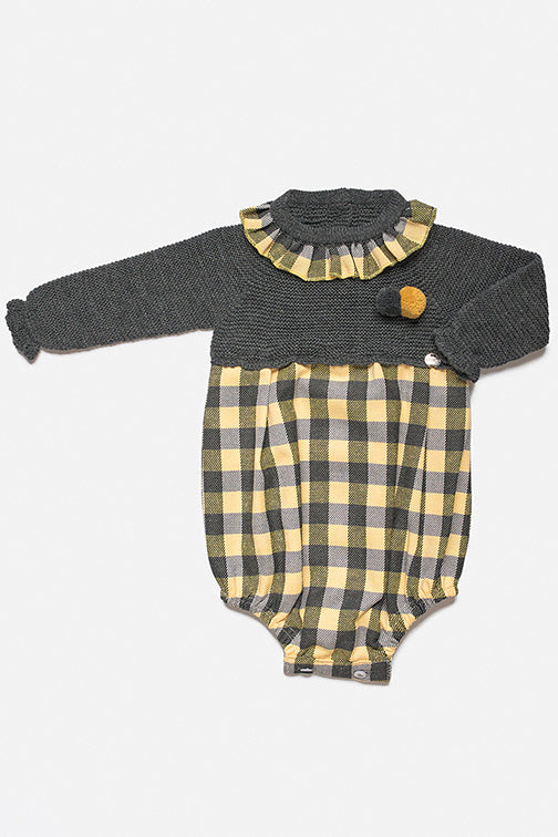 Huxley Grey & Mustard Knit Checked Romper for Women - Stylish Casual Jumpsuit with Pockets | Perfect for Outings, Brunch & Summer Vacations