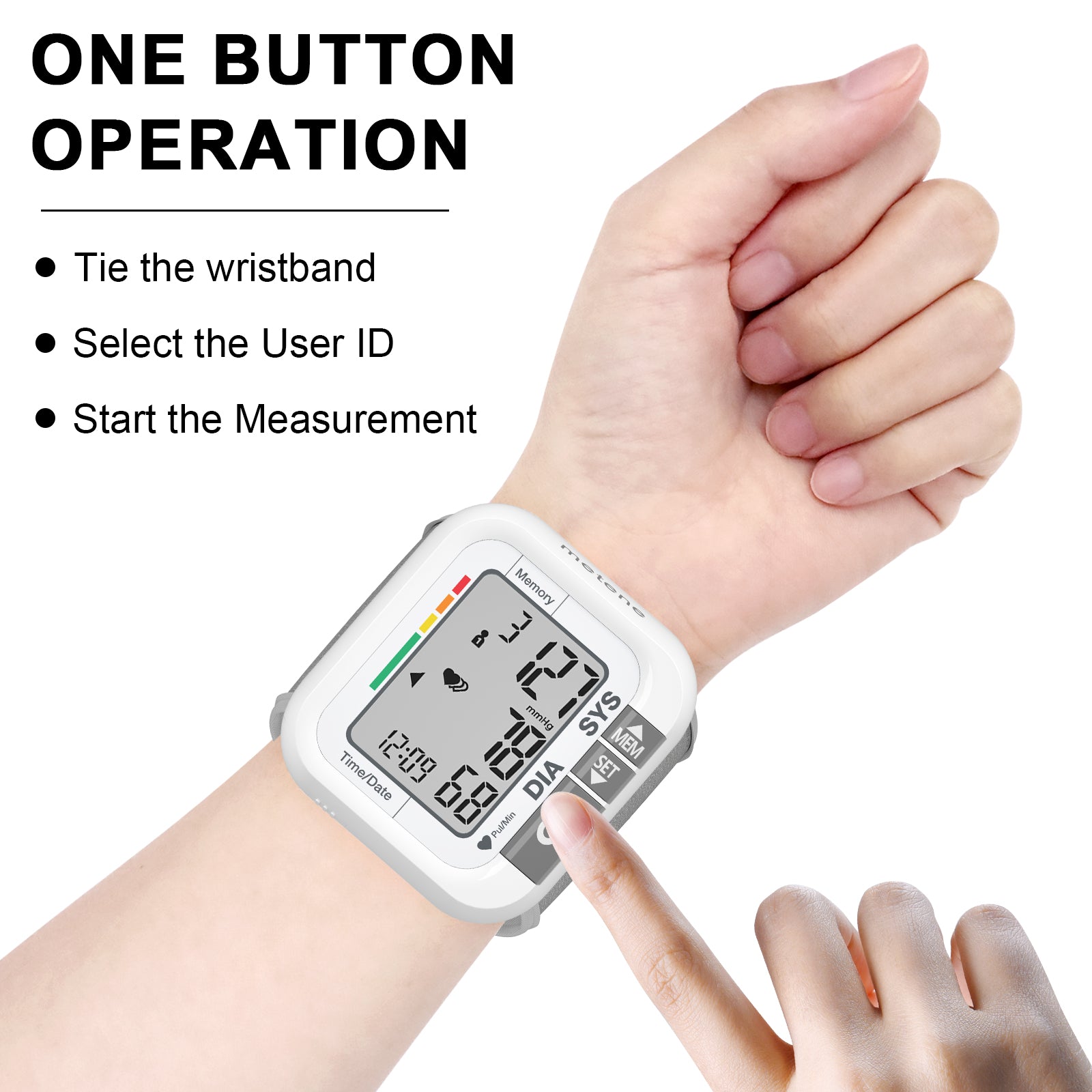 Metene Wrist Blood Pressure Monitor - Large LCD Display, 99 x 2 Memory, Portable Carrying Case - Accurate Home & Travel Use for Adults & Seniors - Perfect for Health Monitoring & Doctor Visits