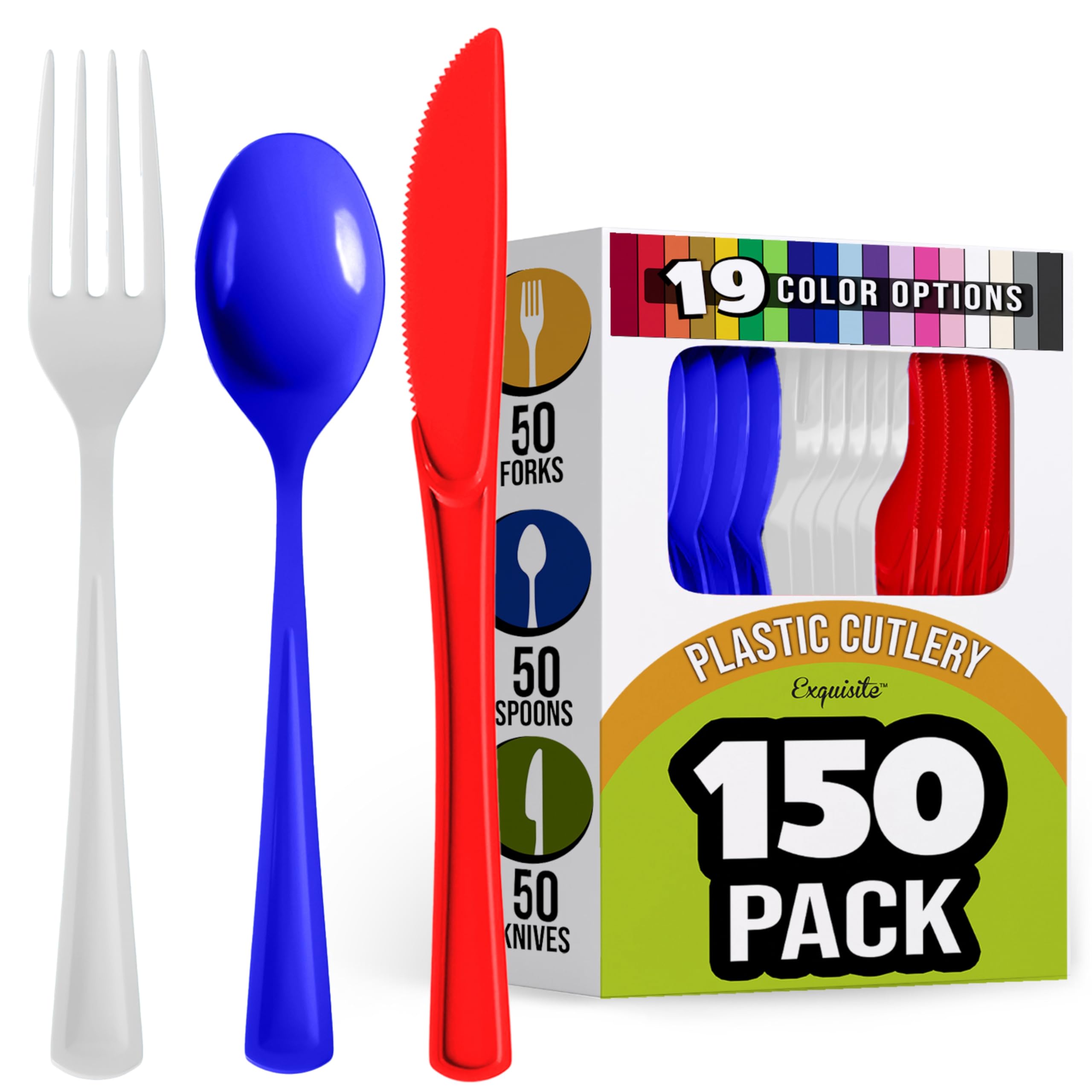 150-Piece Heavy Duty Patriotic Plastic Cutlery Set - 50 Forks, 50 Knives & 50 Spoons - Disposable Flatware for 4th of July BBQs, Picnics, Memorial Day Parties & Patriotic Events