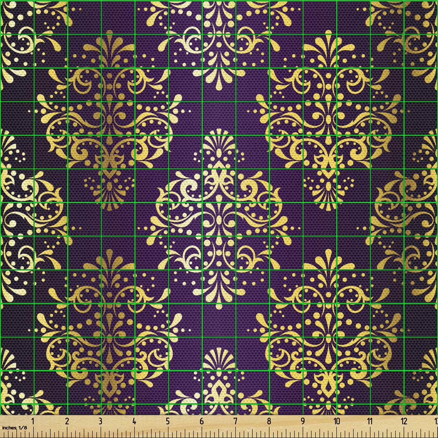 Ambesonne Yellow Damask Fabric - Oriental Leaf Print for Upholstery & Home Decor