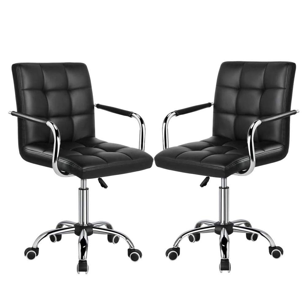 Modern PU Leather Mid-Back Office Chair - Adjustable Ribbed Executive Desk Chair with Wheels & Armrests for Home Office, Computer Work, Kitchen Counter or Bar (Black) - Ergonomic Support for Long Work Hours & Comfortable Seating