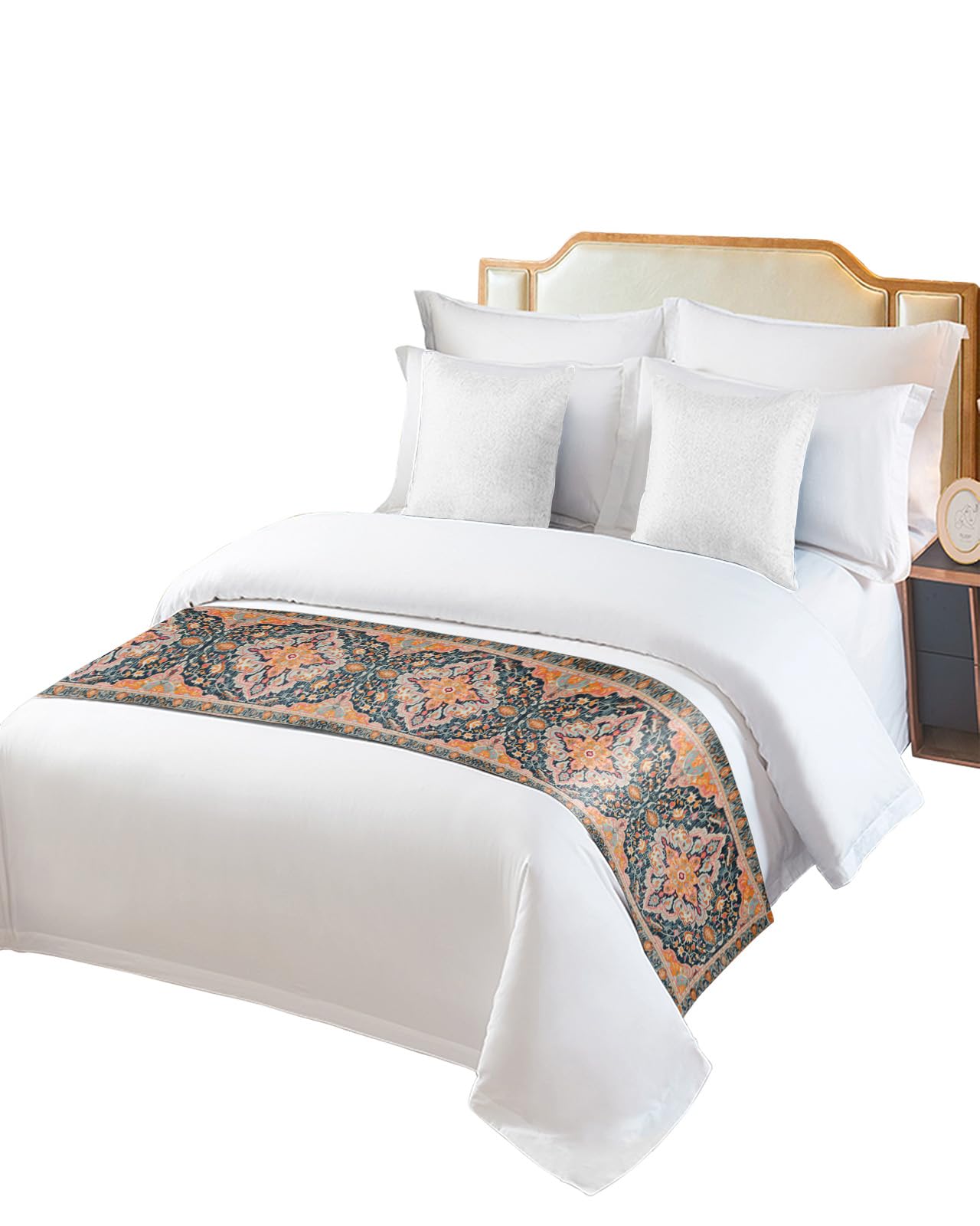 King Size Bed Runner - Pink, Orange & Blue Geometric Throw Scarf for Foot of Bed | Luxury Ethnic Mid-Century Design Bedding Protector (94