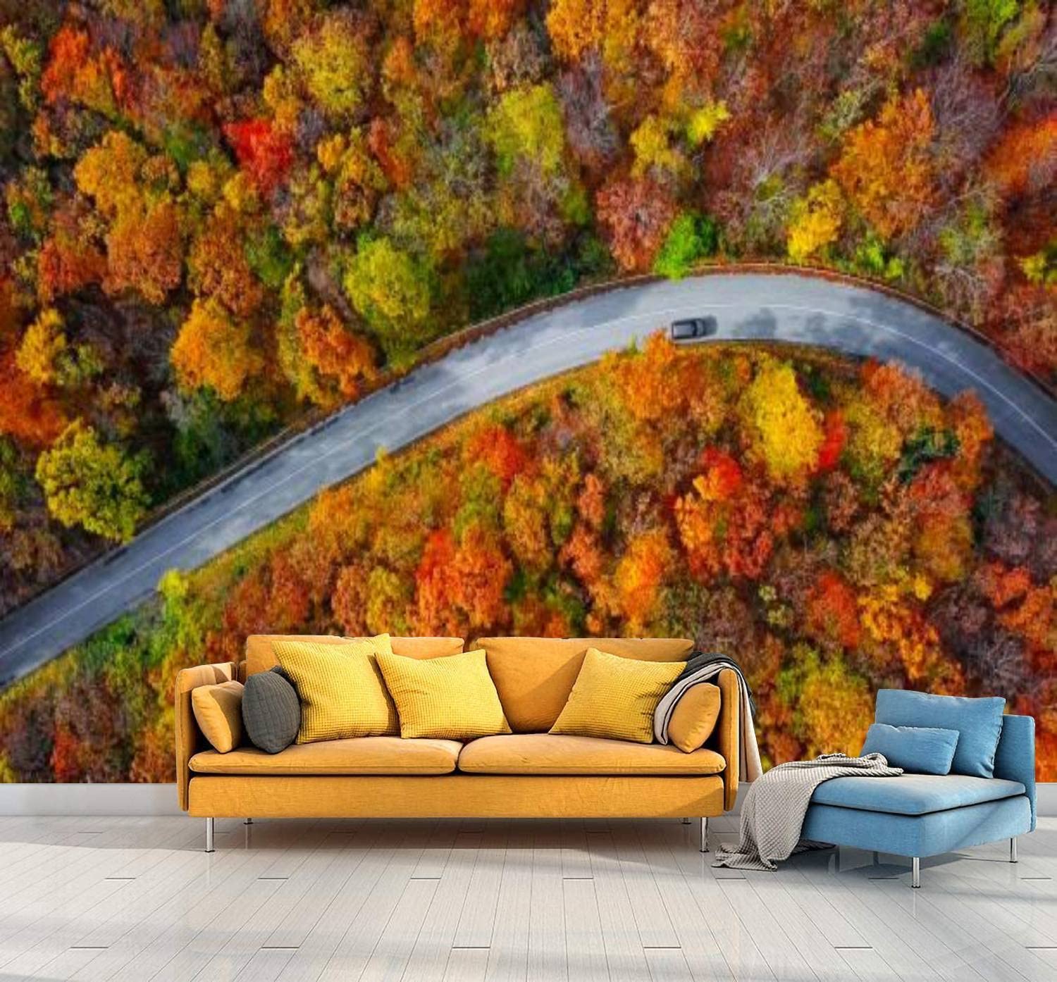 Aerial View Winding Mountain Road Autumn Landscape Peel and Stick Wall Mural - Removable 3D Wallpaper for Bedroom, Living Room, Bathroom & Ceiling - Self-Adhesive Decorative Stickers for Home Office & Nursery