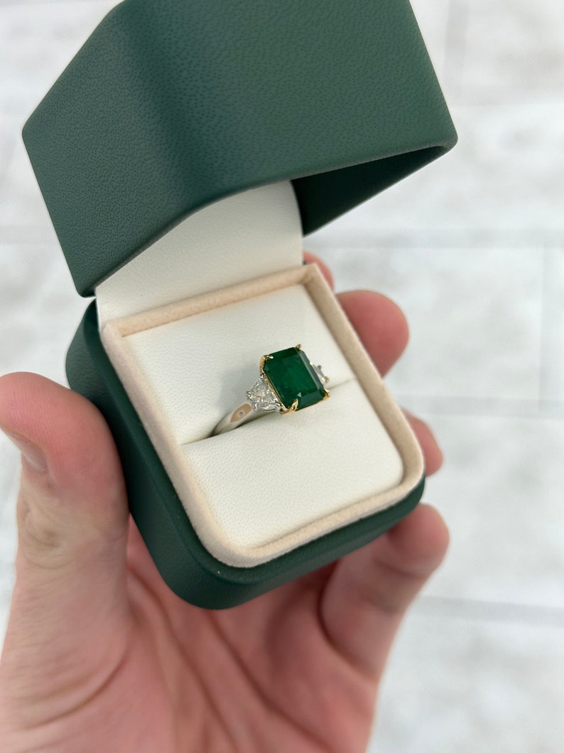 4.79tcw AAA Dark Green Emerald & VVS Diamond Three Stone Ring in 18K White Gold - Elegant Engagement, Anniversary or Gift Jewelry for Women