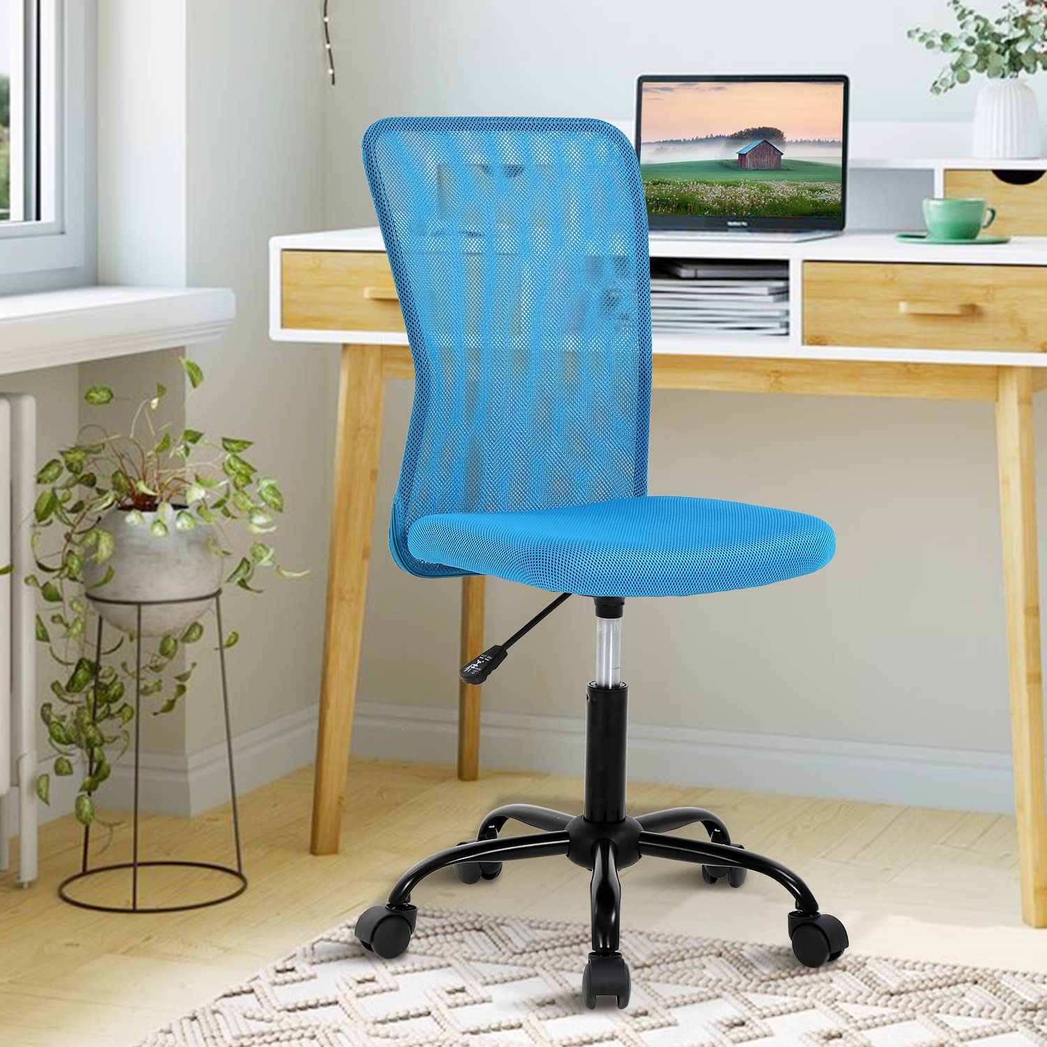 Ergonomic Home Office Chair - Adjustable Height Swivel Rolling Mesh Desk Chair with Lumbar Support, Armless Mid Back Computer Task Chair for Comfortable Working - Perfect for Home Office, Gaming & Study (Blue)