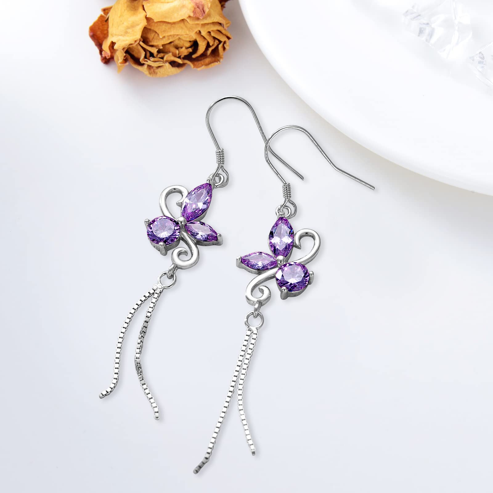925 Sterling Silver Butterfly Dangle Drop Earrings with Birthstone - Elegant Jewelry Gift for Women, Wife, Girlfriend | Christmas, Birthday, Anniversary Present | Perfect for Parties, Weddings & Special Occasions