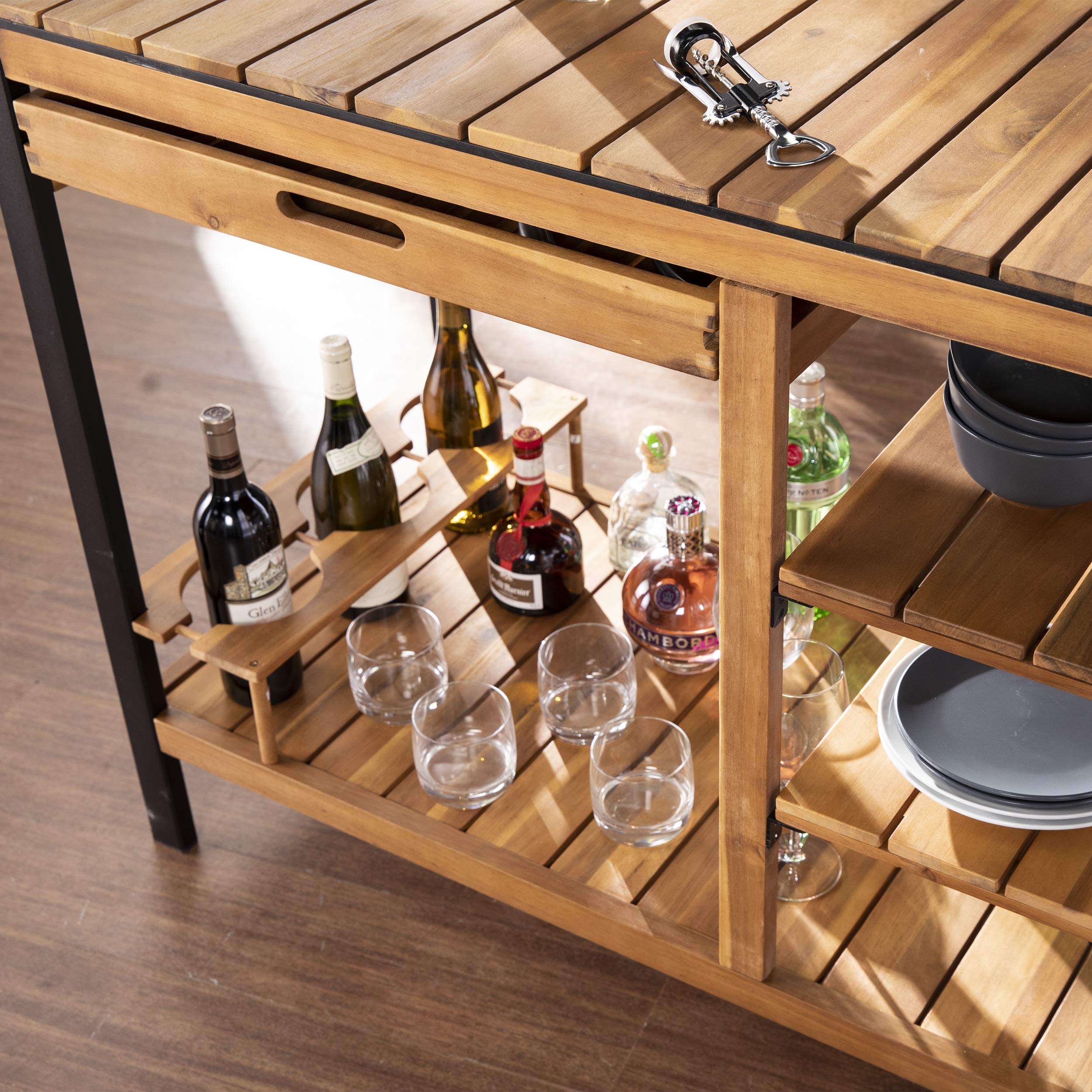SEI Furniture Murcott Outdoor Bar Cart - Natural Wood Rolling Drink Cart with Wheels for Patio, Garden, Poolside & Backyard Entertaining