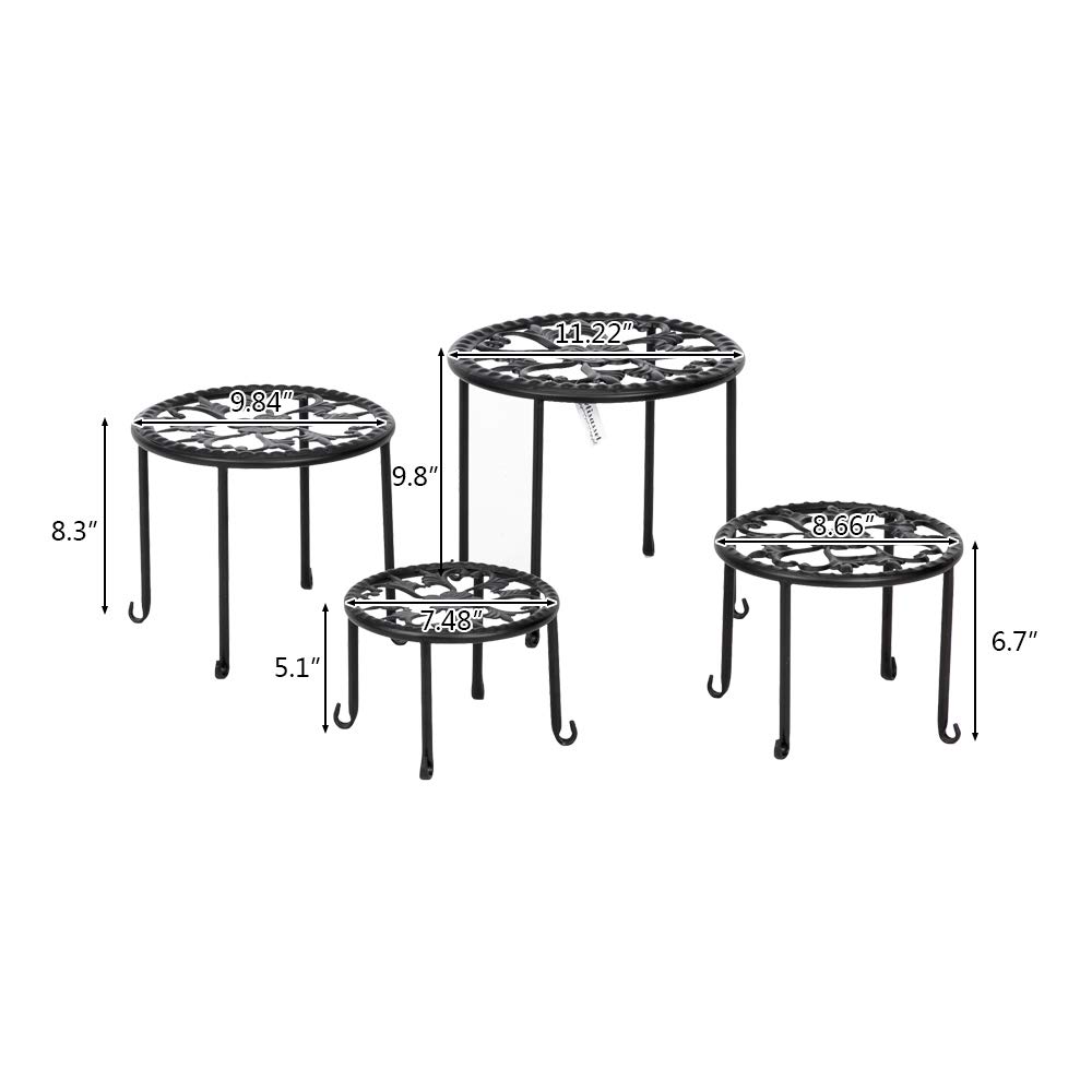 4-Pack Black Metal Potted Plant Stands - Round Ironwork Flower Holder Racks for Indoor Outdoor Garden Decor, Balcony, Patio, and Living Room