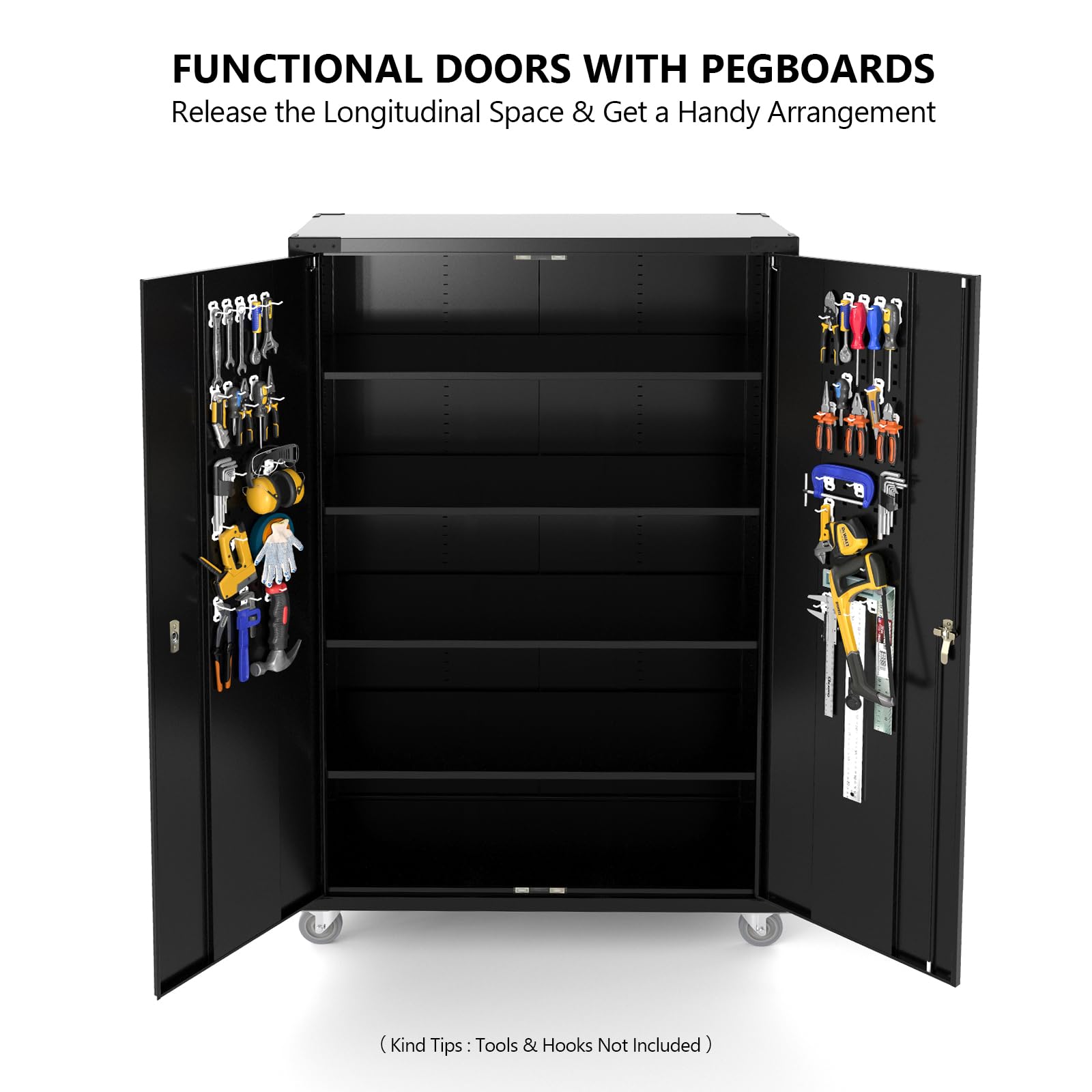 VINGLI Upgraded Wide & Deep Garage Storage Cabinet - Heavy Duty Metal Storage with Pegboards, Wheels, Locking Doors & Adjustable Shelves (Black, 43