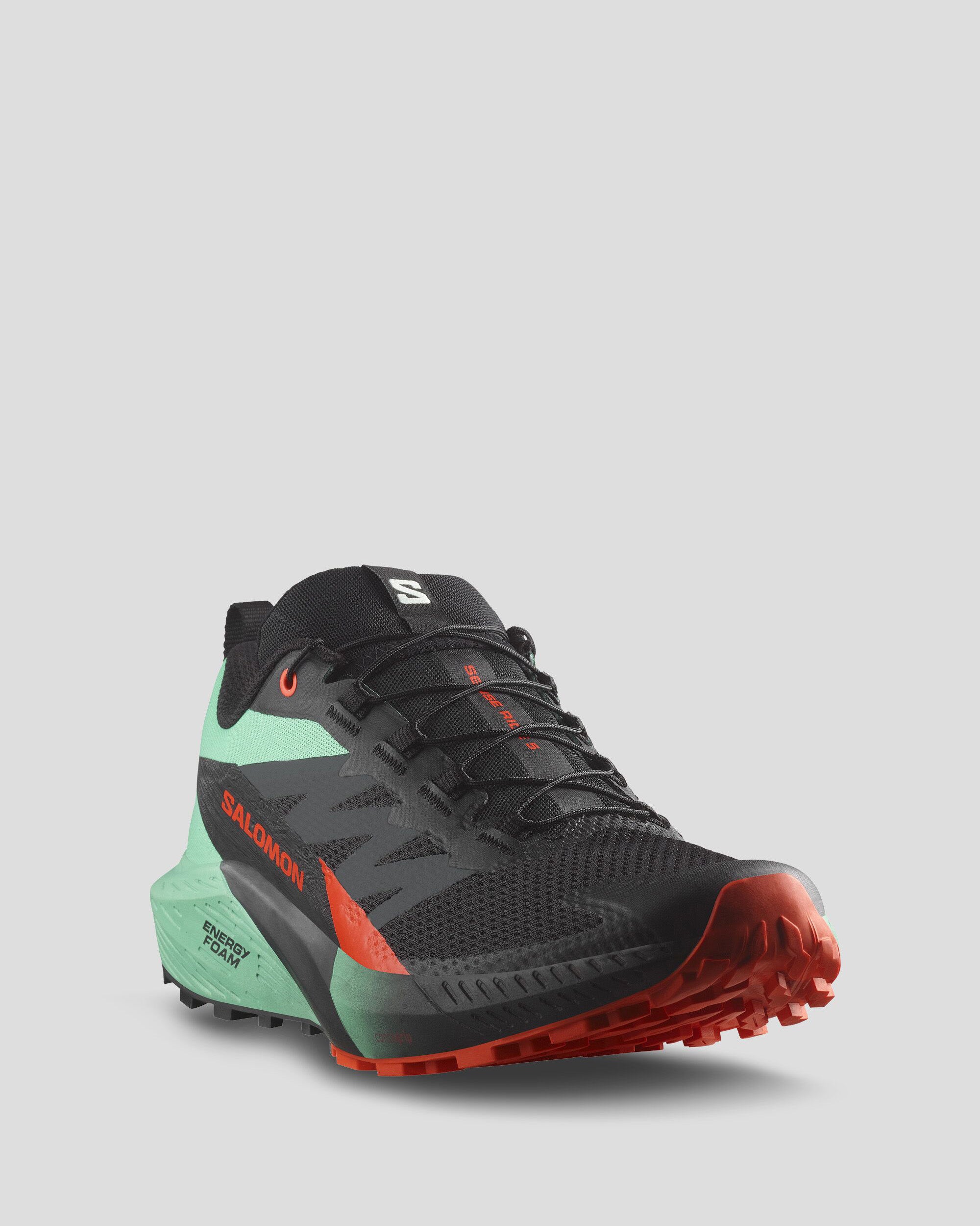 Salomon Sense Ride 5 Trail Running Shoes for Men - Lightweight & Durable Hiking Shoes for Trail Running, Hiking & Outdoor Adventures (Black/Bay/Cherry Tomato)