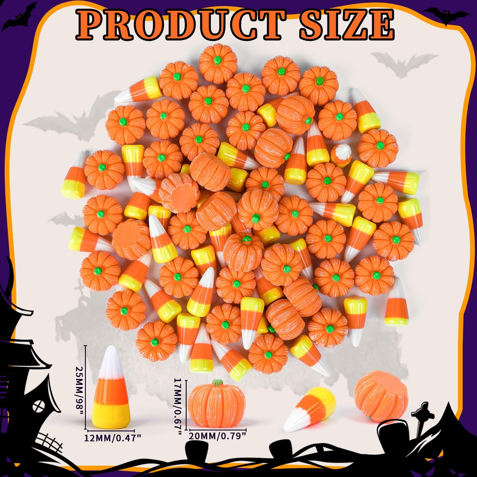 80Pcs Halloween Resin Charms - Mini Fake Pumpkin & Candy Corn Decorations for DIY Crafts, Party Favors, Scrapbooking, and Spooky Home Decor